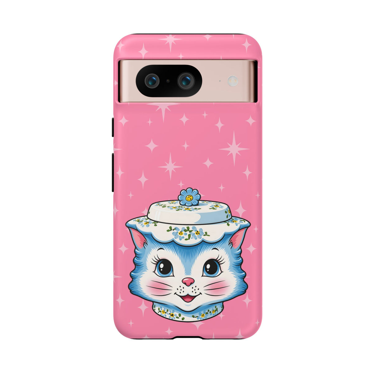 Mid Century Modern Kitschy Anthropomorphic Blue Cat with Floral Hat Tough Phone Case