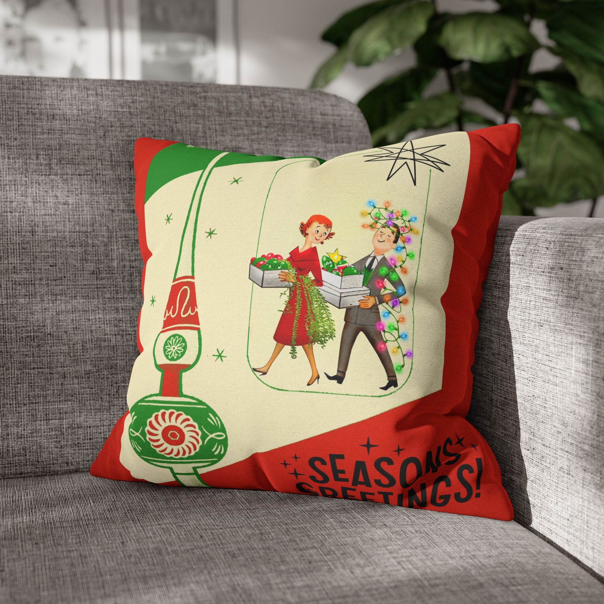 Shiny Brite Holiday Pillow Cover, Mid Century Modern Kitschy Couple Season Greetings - Mid Century Modern Gal