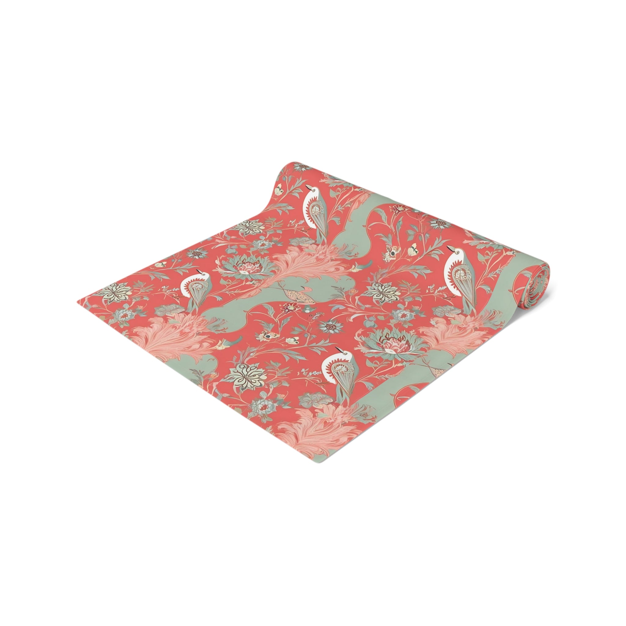 Chinoiserie Botanical Floral Coral, Mint Green Bohemian Floral Table Runner - Mid Century Modern Gal