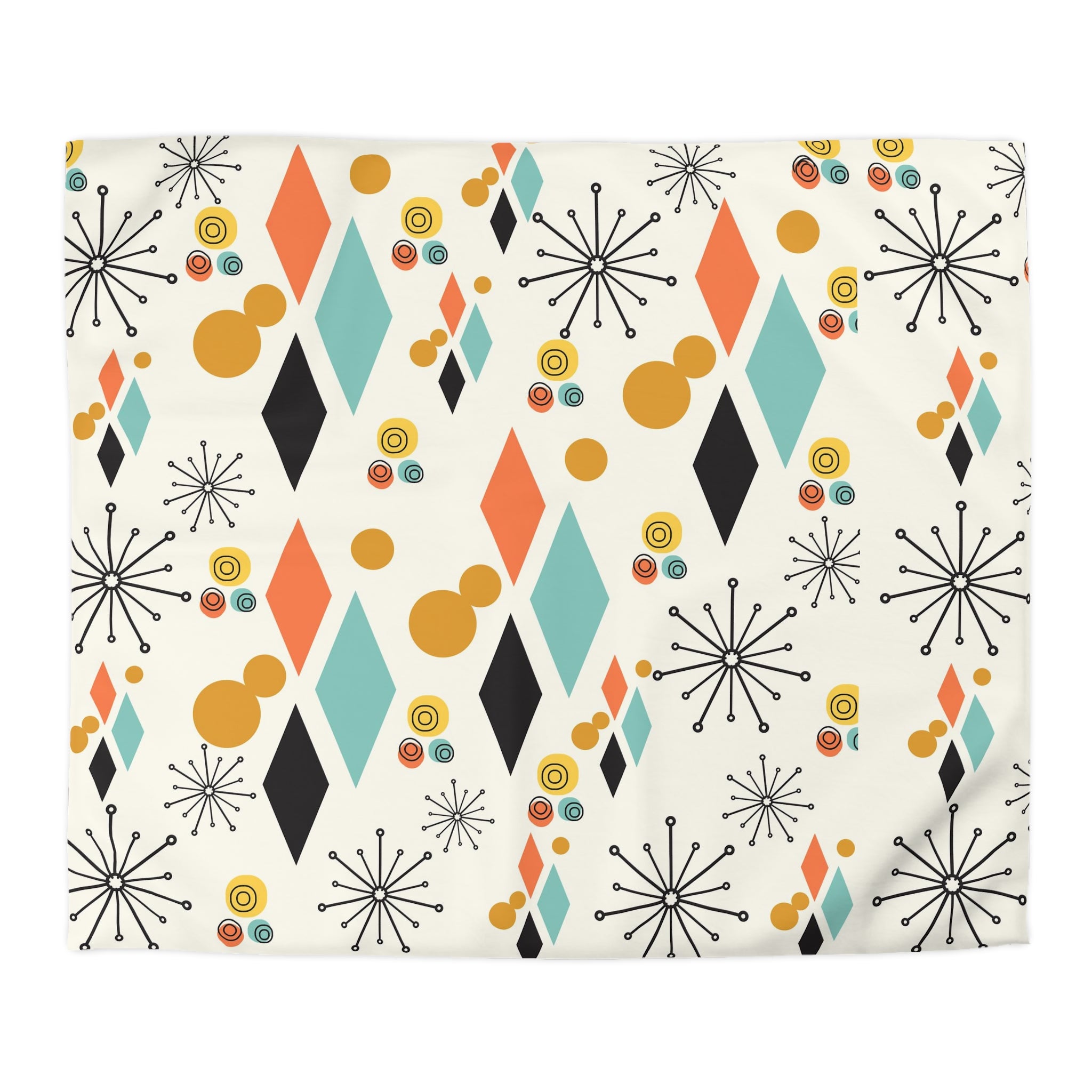 Mid Century Modern Bedding, Atomic Diamond, Sputnik,Beige, Aqua, Coral,Mustard Yellow, Retro Mod Duvet Covers - Mid Century Modern Gal