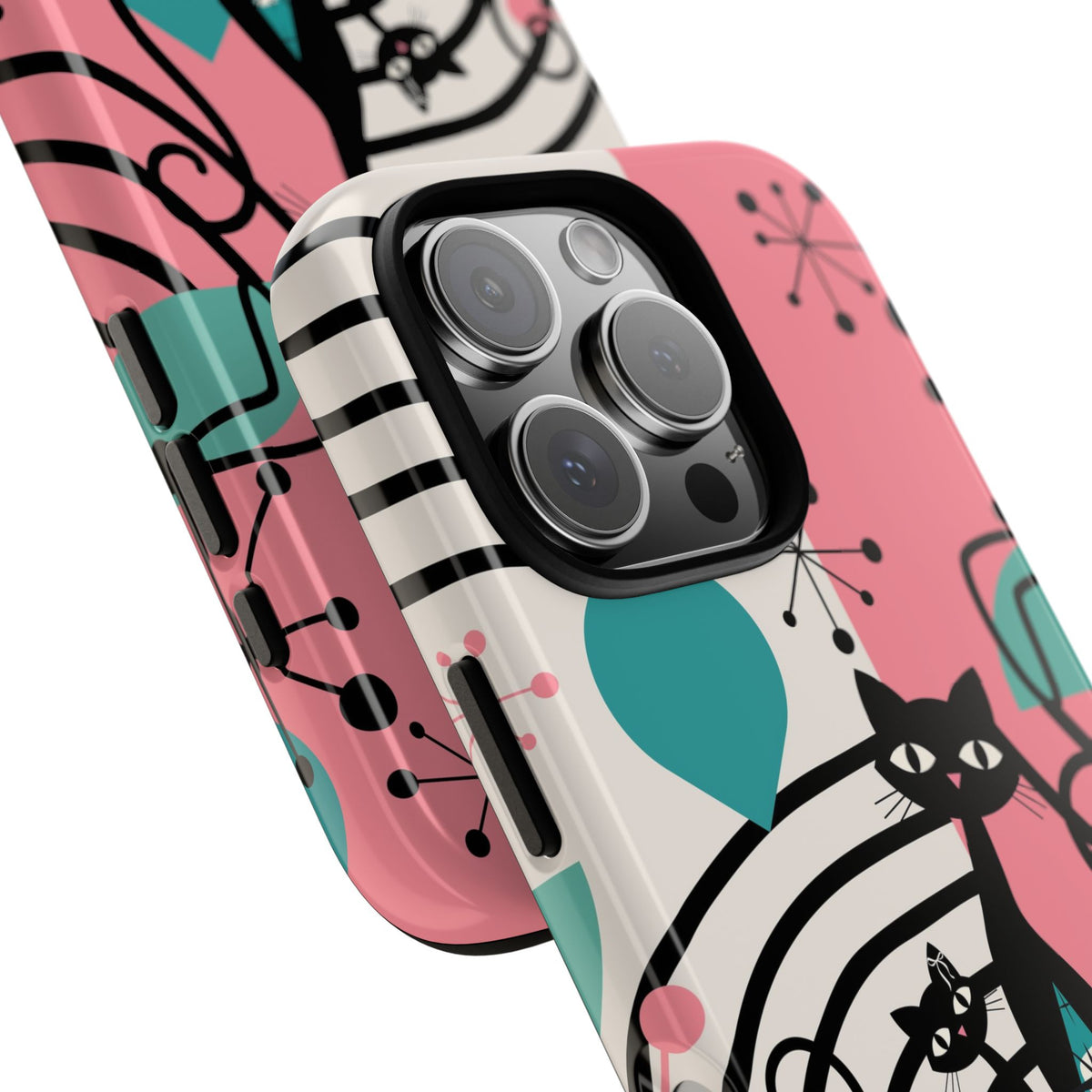 Mid Mod Atomic Cat Boomerang Starburst, Pink, Black Kitschy Stylish Cat Phone Case: Modern Design for Cat Lovers