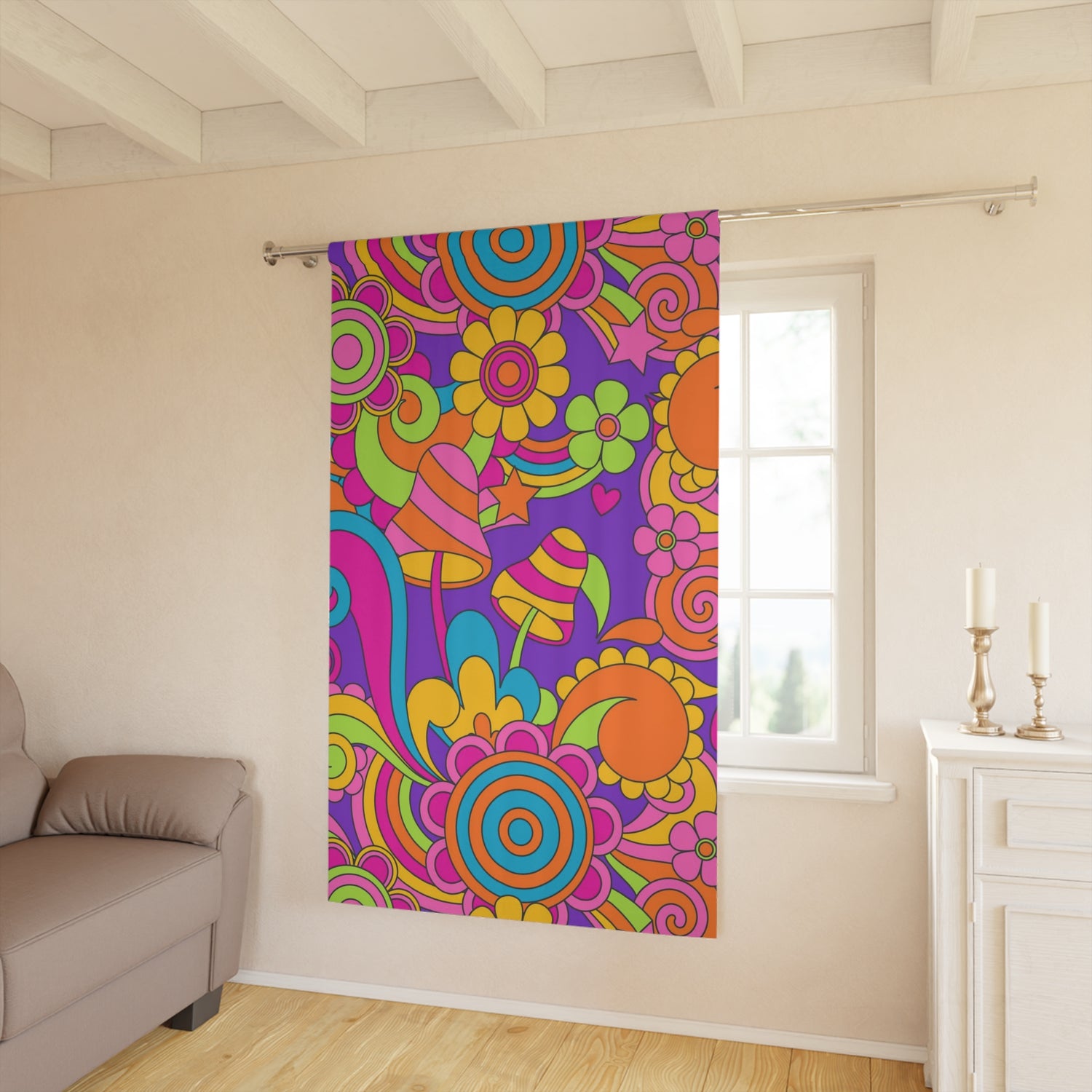 60s 70s Magic Mushroom Retro Purple, Pink Hippie Style Flower Power Window Curtain (1 Piece) - Mid Century Modern Gal