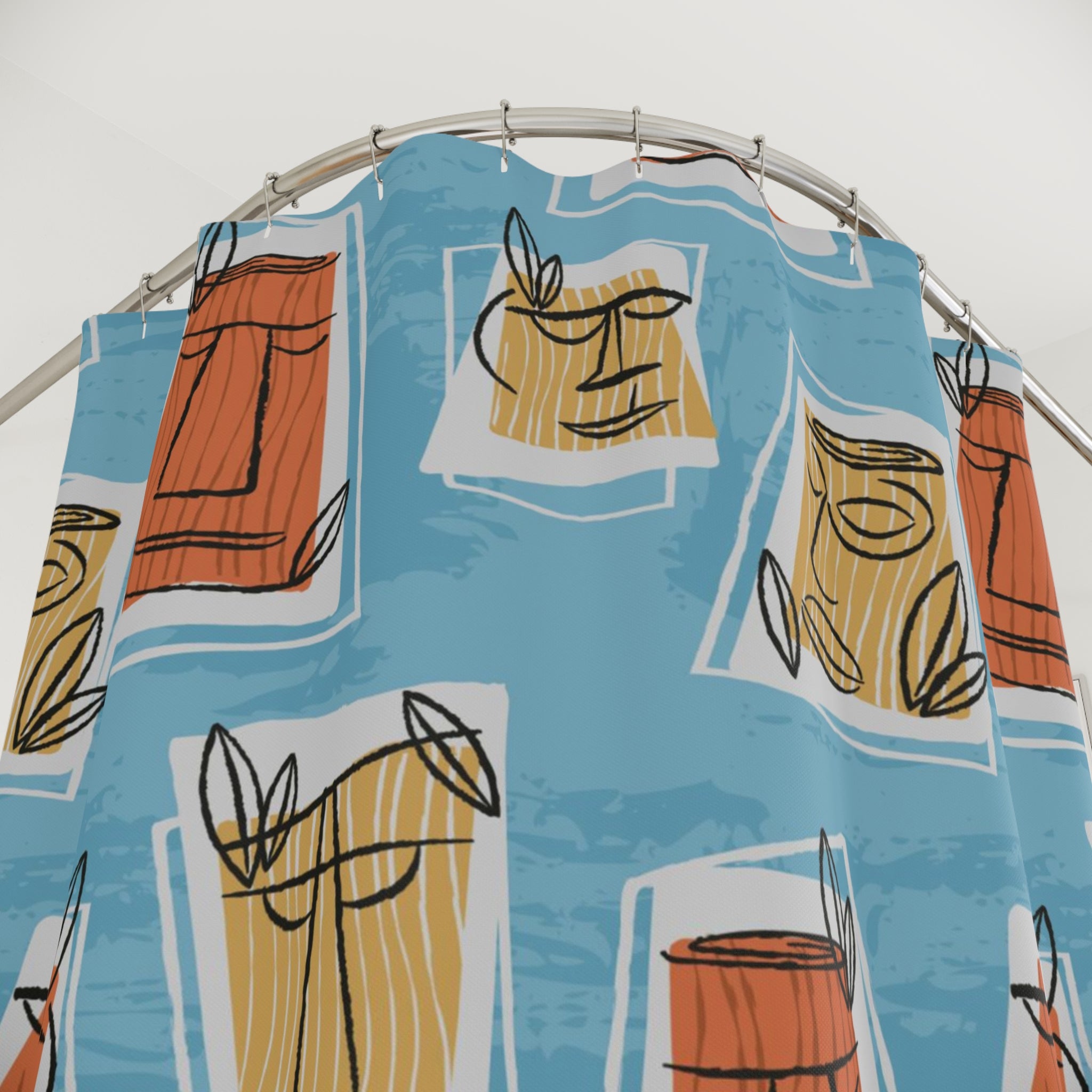 Mid Century Modern Tiki Man, Retro Blue, Yellow, Terracotta Shower Curtain - Mid Century Modern Gal