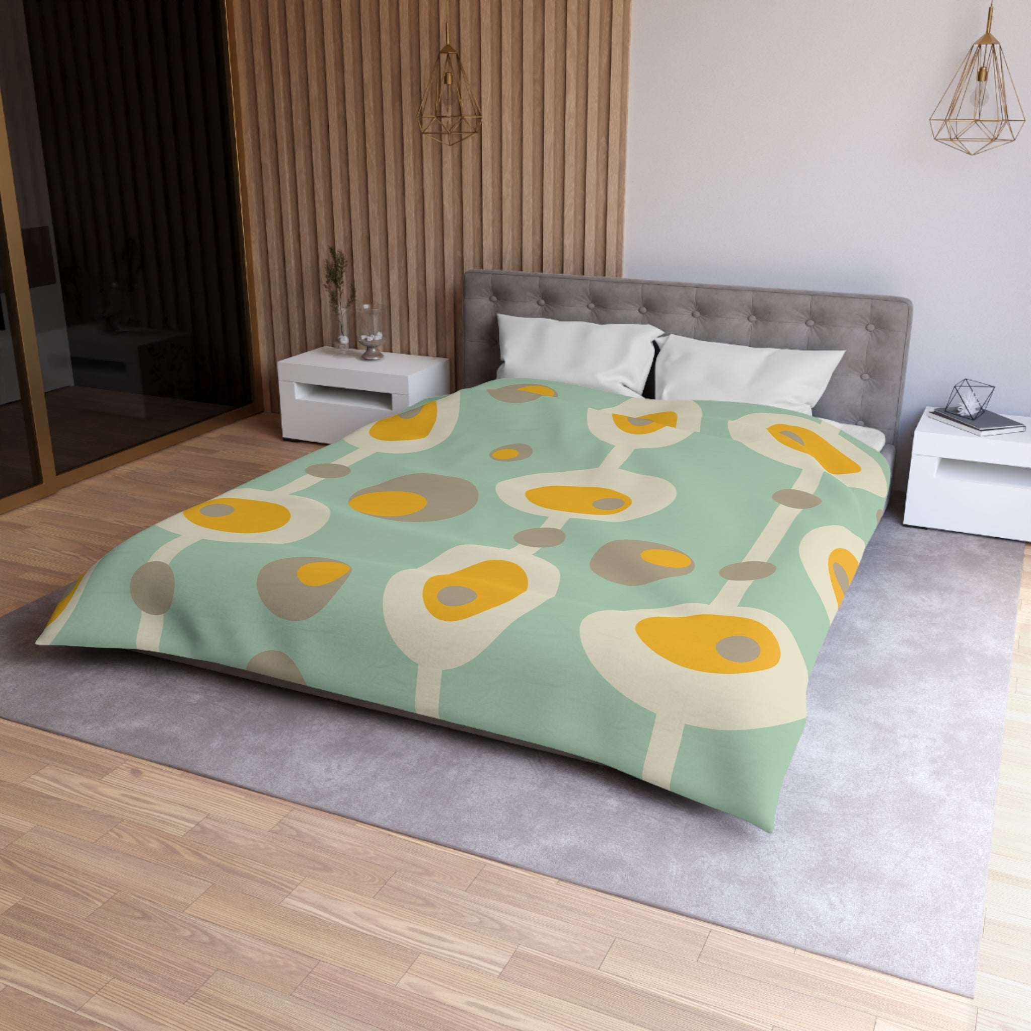 Mid Century Modern Bedding, Mustard Yellow, Gray, Creamy Beige Orbs, Mint MCM Retro Groovy Duvet Bedding Cover - Mid Century Modern Gal