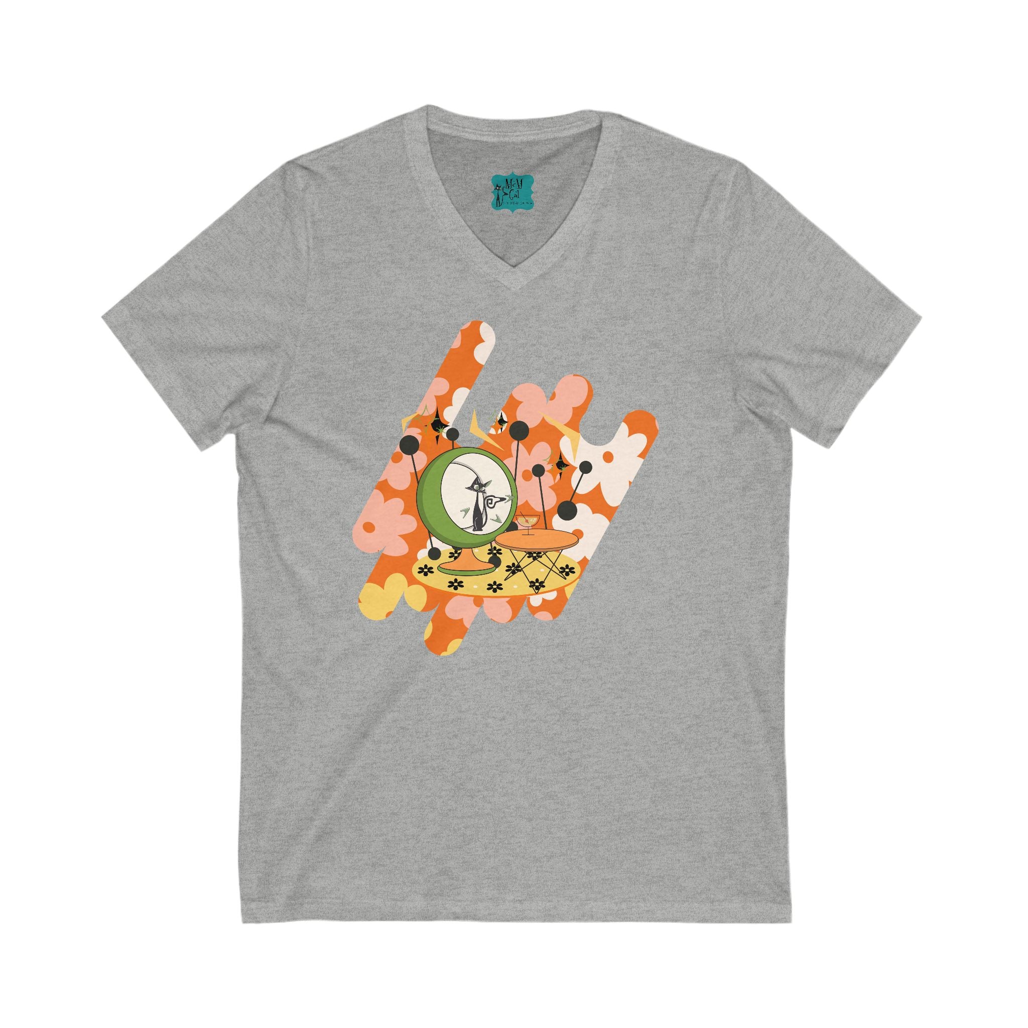 Atomic Cat, Retro Floral V-Neck Tee for Casual Style - Mid Century Modern Gal