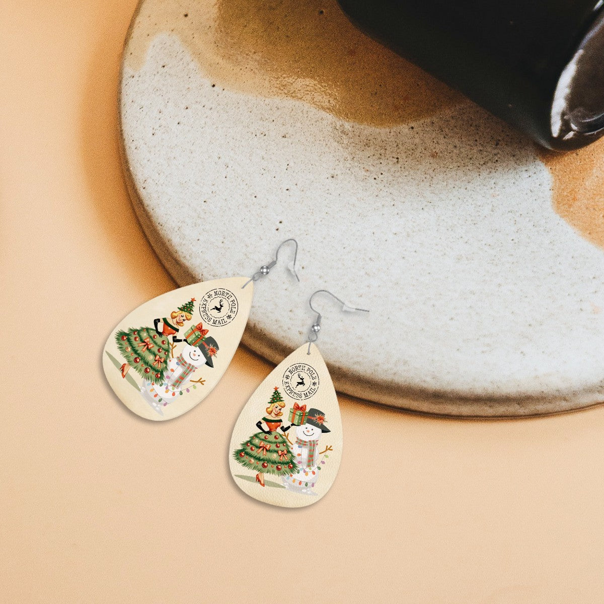 Mid Century Modern Christmas Tree Mod Gal North Pole Express Kitschy Faux Leather Teardrop Earrings - Mid Century Modern Gal