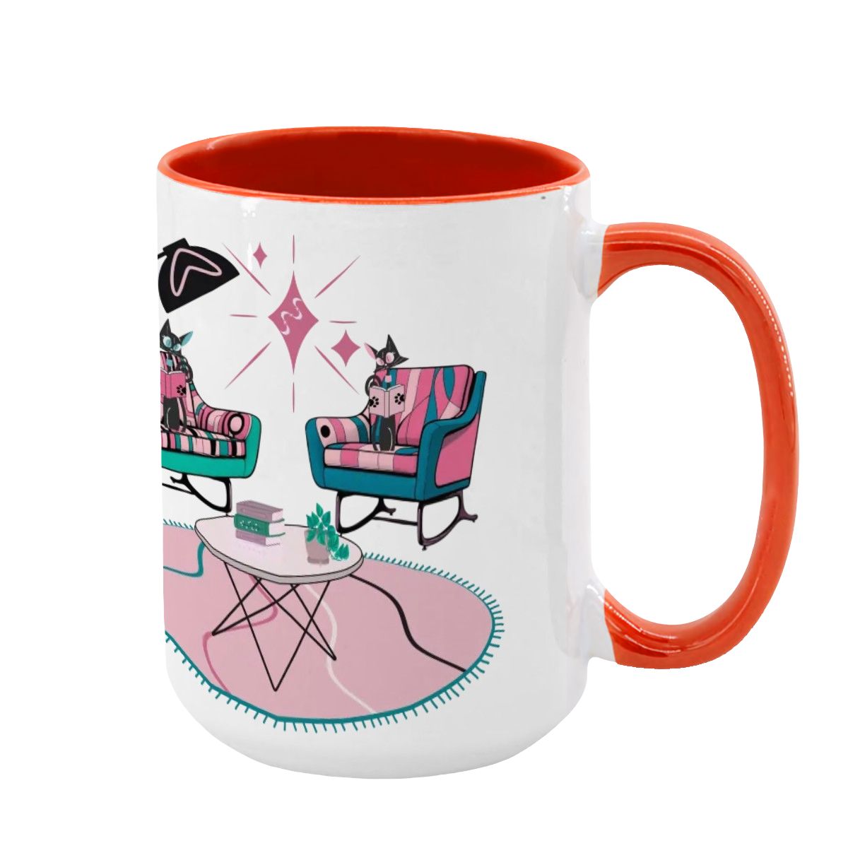 Atomic Reading Cats, Kitschy Mid Century Modern Large Colorful Mug (15oz) - Mid Century Modern Gal