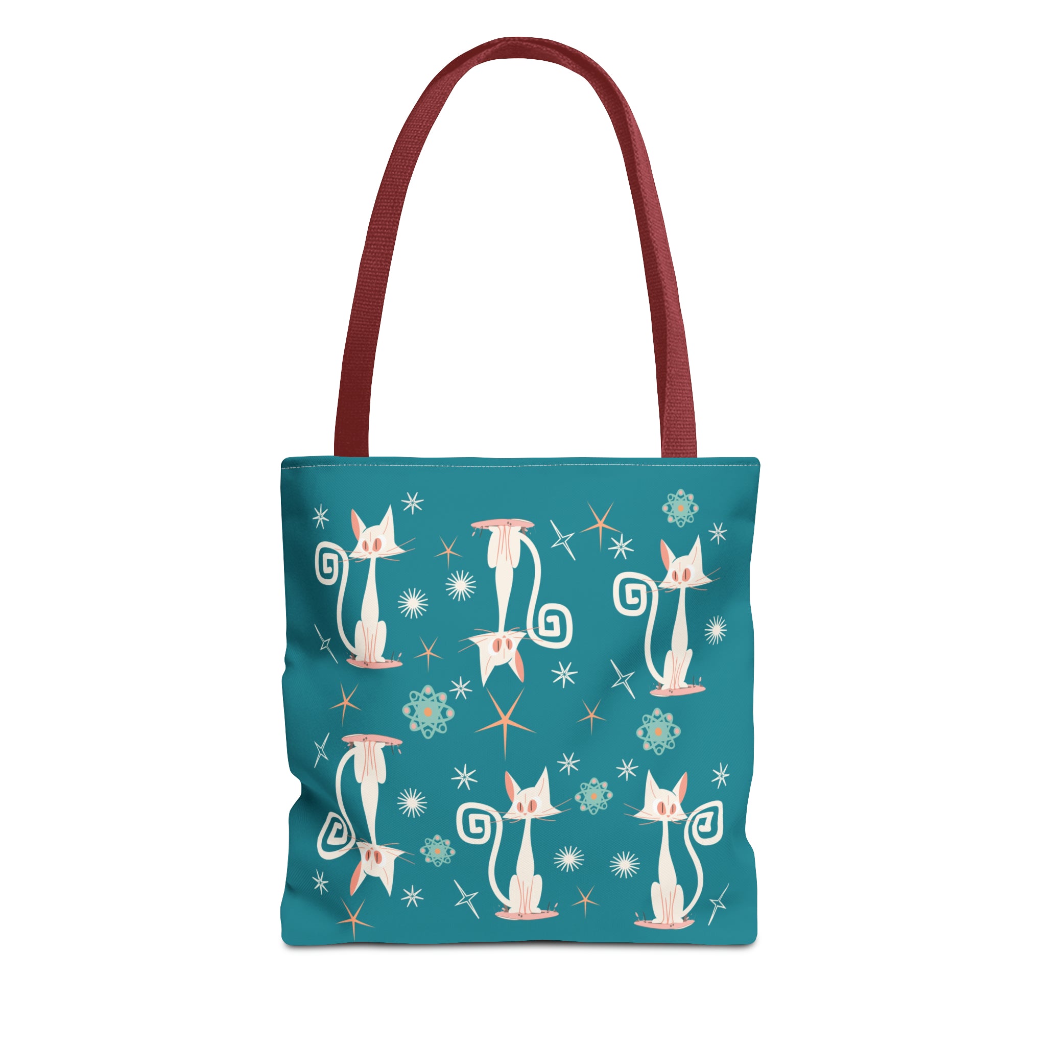 Atomic Kitties, White Kitschy Cats, Coral, Teal, Atomic Age Mid Century Modern Tote Bag - Mid Century Modern Gal