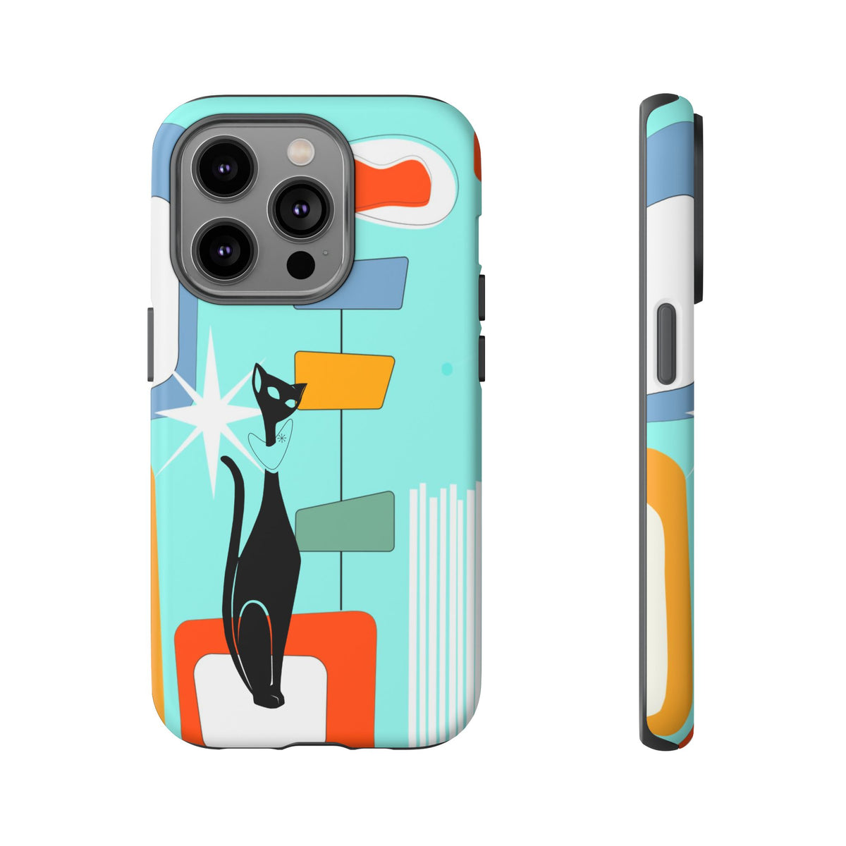 Atomic Cat, Mid Mod Aqua Blue, Geometric, Samsung, Google Pixel, Apple iPhone Tough Cases - Mid Century Modern Gal