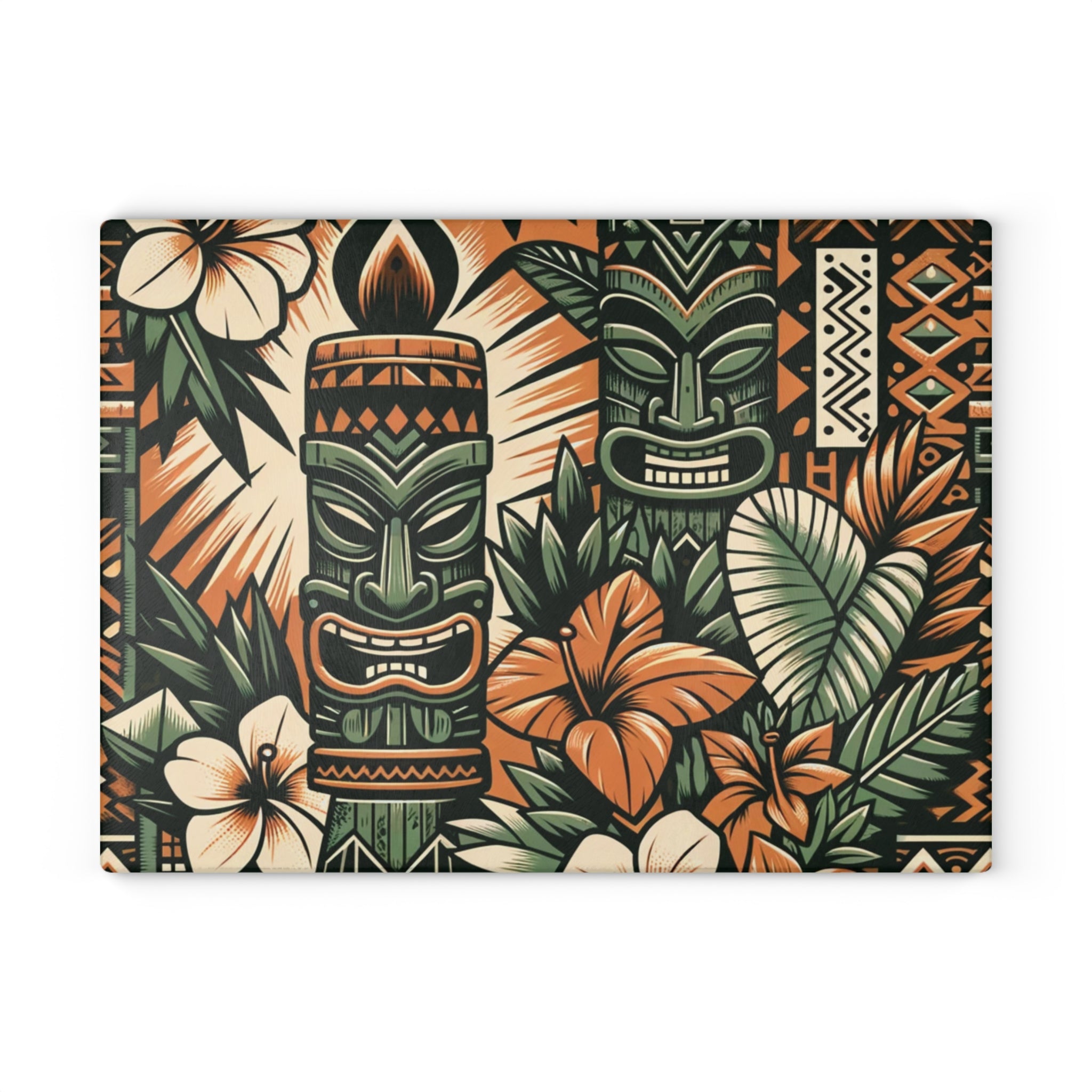 Tiki Idol, Polynesian Design, Green, Orange, Brown, Mid Century Modern Tiki Party Glass Cutting Board - Mid Century Modern Gal