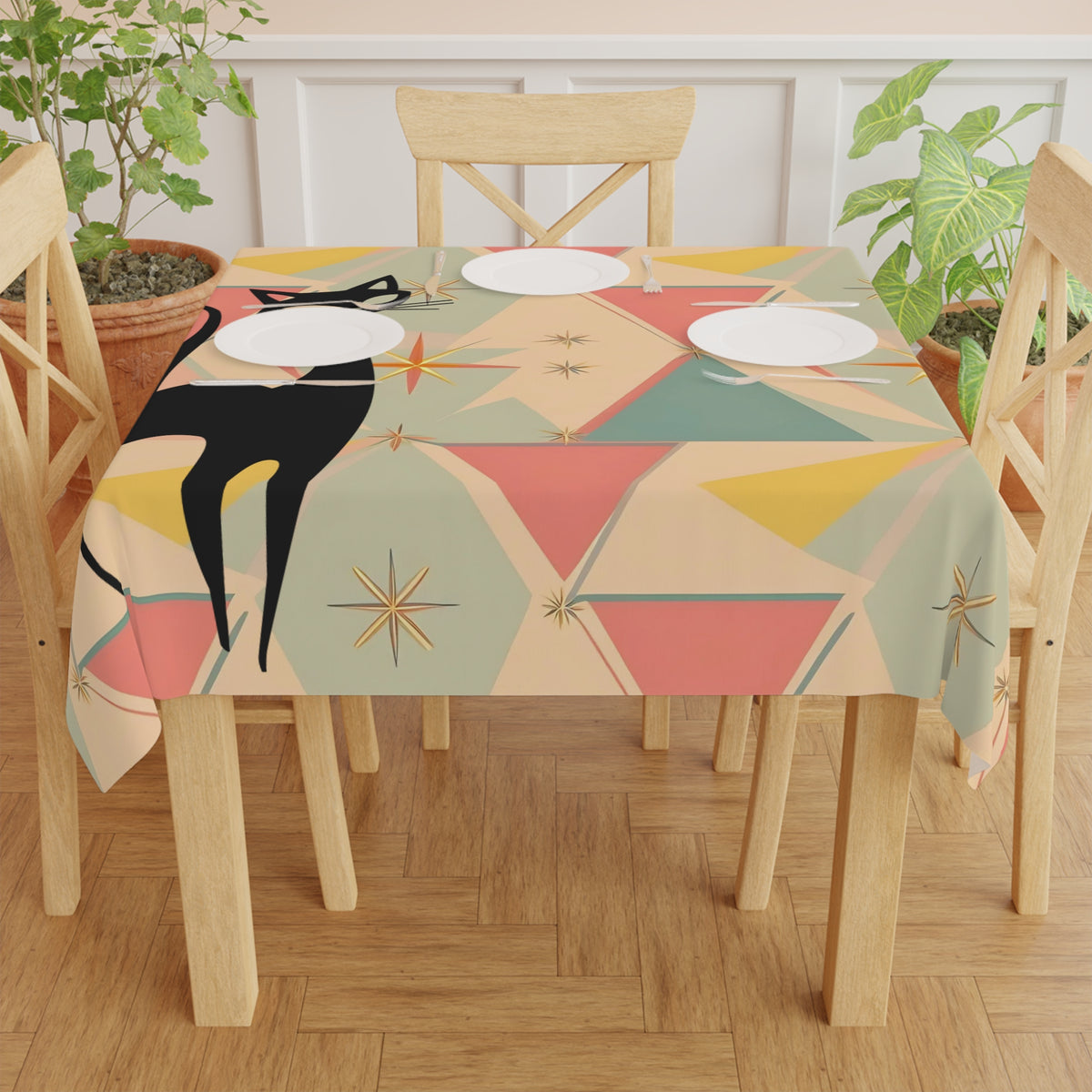 Atomic Cat Mid-Century Modern Cat Tablecloth - Retro Home Decor for Cat Lovers - Mid Century Modern Gal
