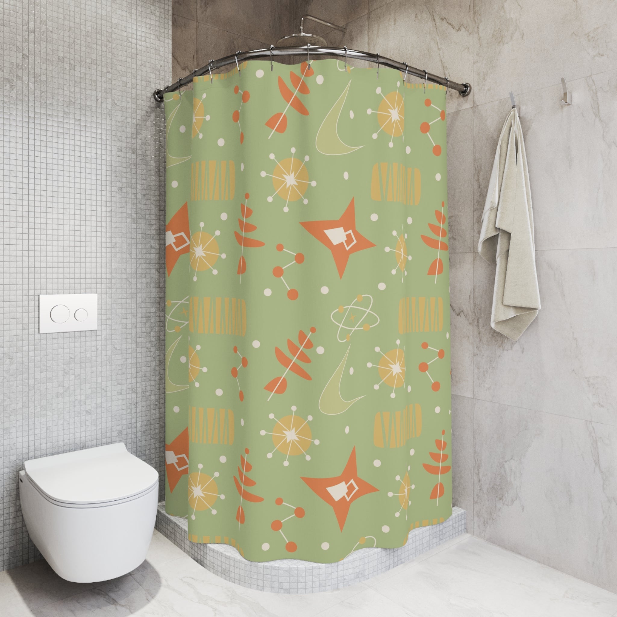 Mid Century Modern Atomic Space, Orange Green Yellow Retro Starburst Shower Curtain - Mid Century Modern Gal