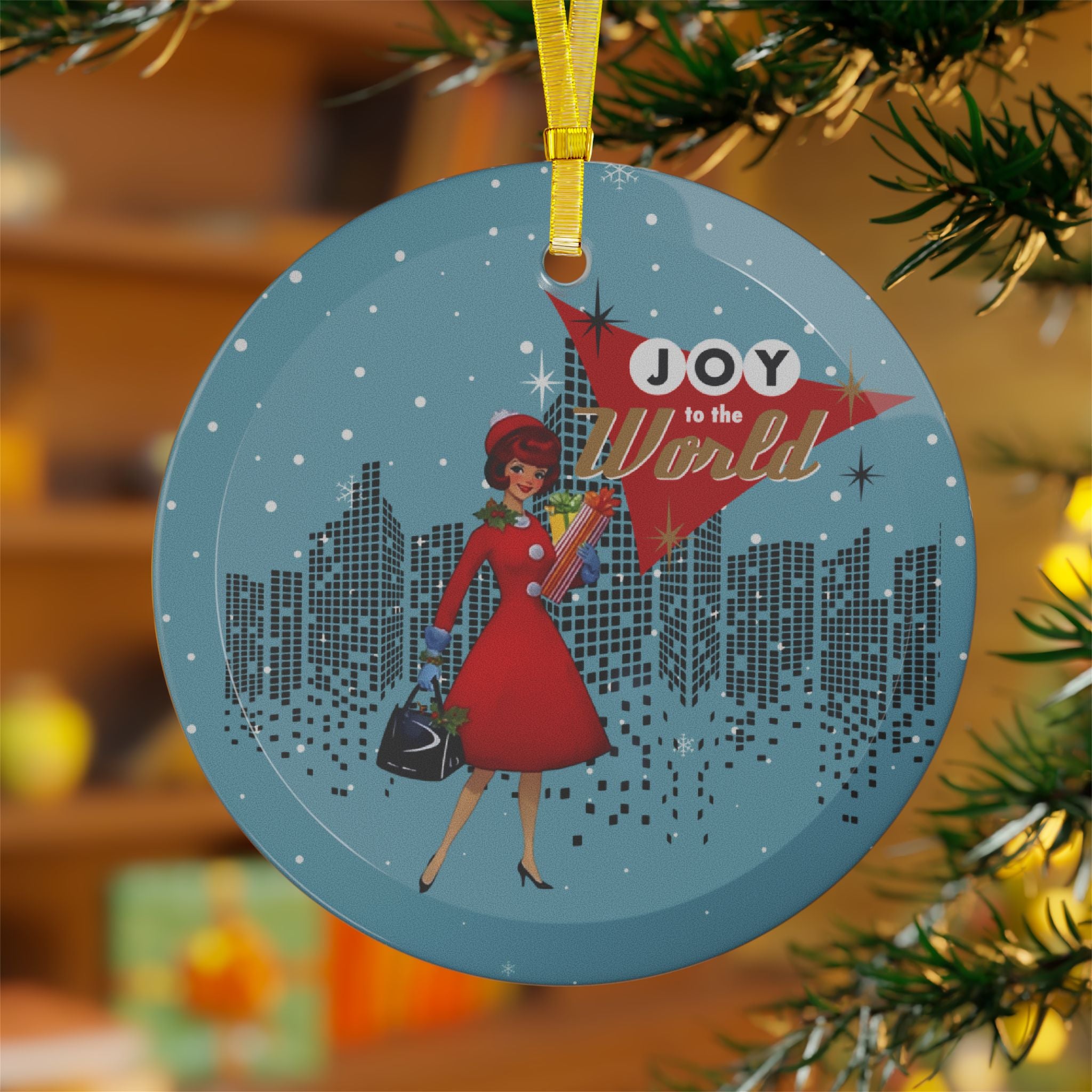 Mid Century Modern Kitschy Christmas Gal, Vintage Joy to the World Glass Ornaments - Holiday Decor for Christmas & Celebrations - Mid Century Modern Gal