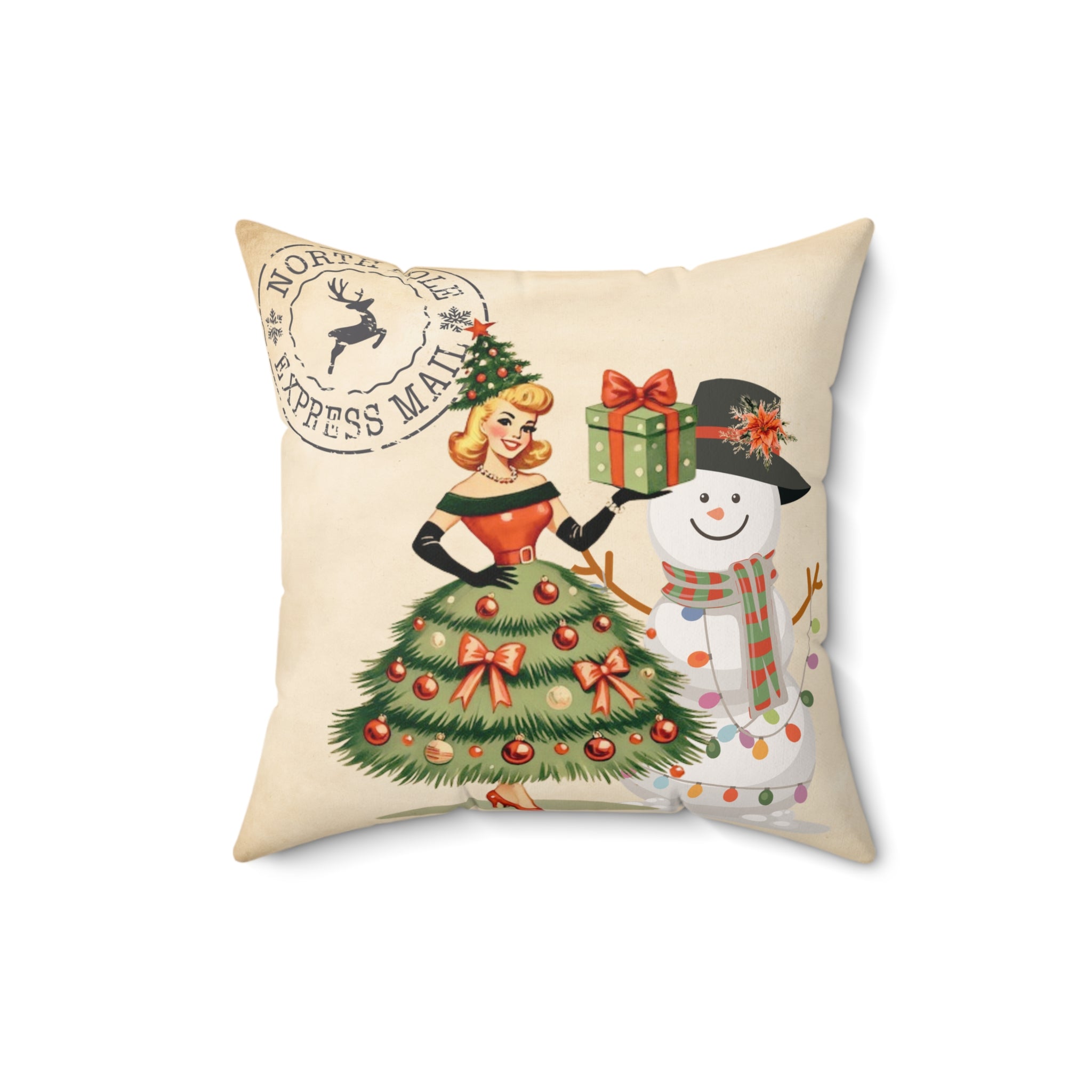Vintage Christmas Pillow - Retro Santa with Snowman Design - Mid Century Modern Gal