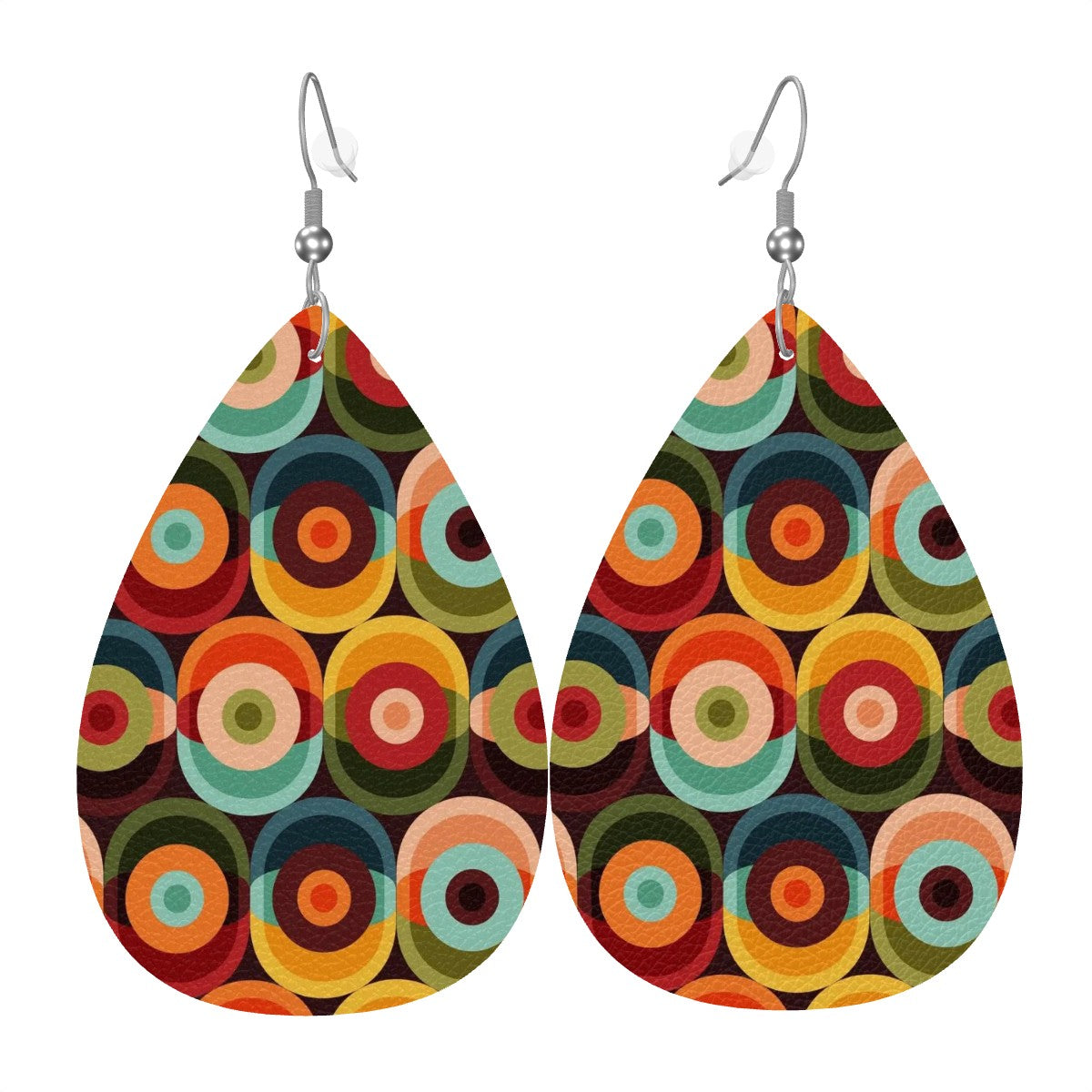 Retro 70s Groovy Mod Orbs, Mid Mod Trendy Faux Leather Teardrop Earrings - Mid Century Modern Gal