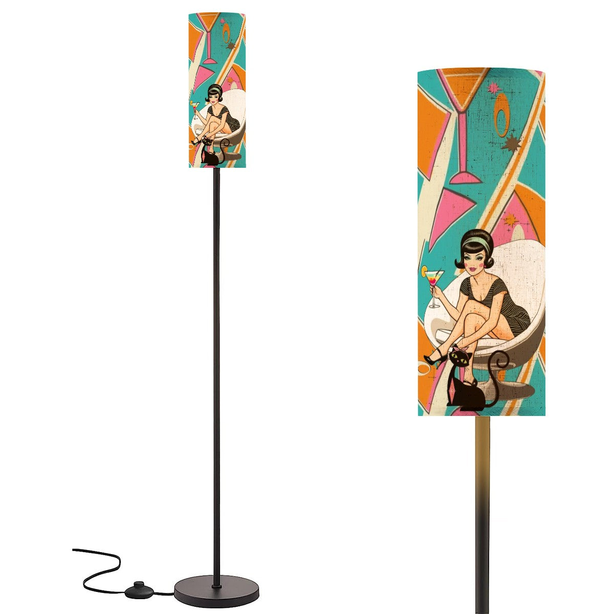 Mid Century Modern Atomic Cocktail Hour, Retro Mod Gal, Atomic Kitty, Slim Floor Bar Lamp - Mid Century Modern Gal