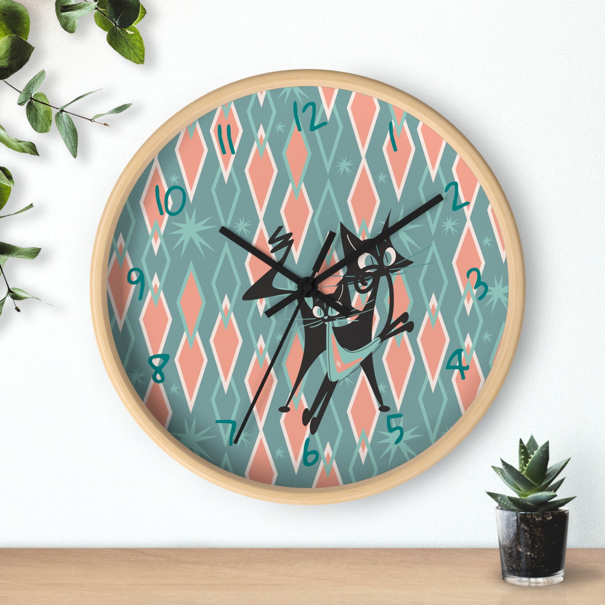 Retro Kitchen Wall Clock For Atomic Cat Black Cat Lovers, Mid Century Modern Designed, Teal, Pink Harlequin Diamond Designed MCM Clock - Mid Century Modern Gal