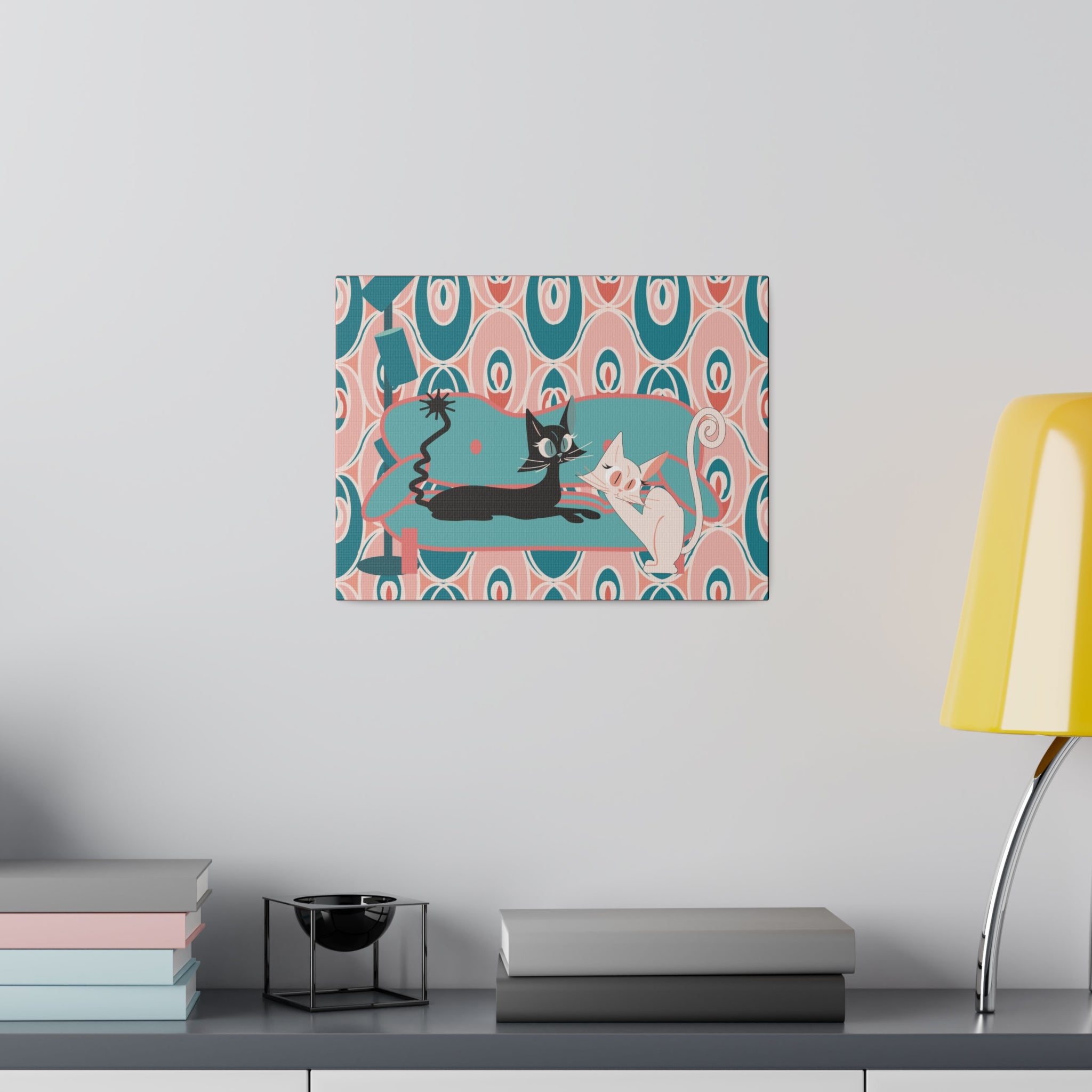 Atomic Cat Wall Art, Teak, Pink, Mid Century Modern Wall Art - Mid Century Modern Gal