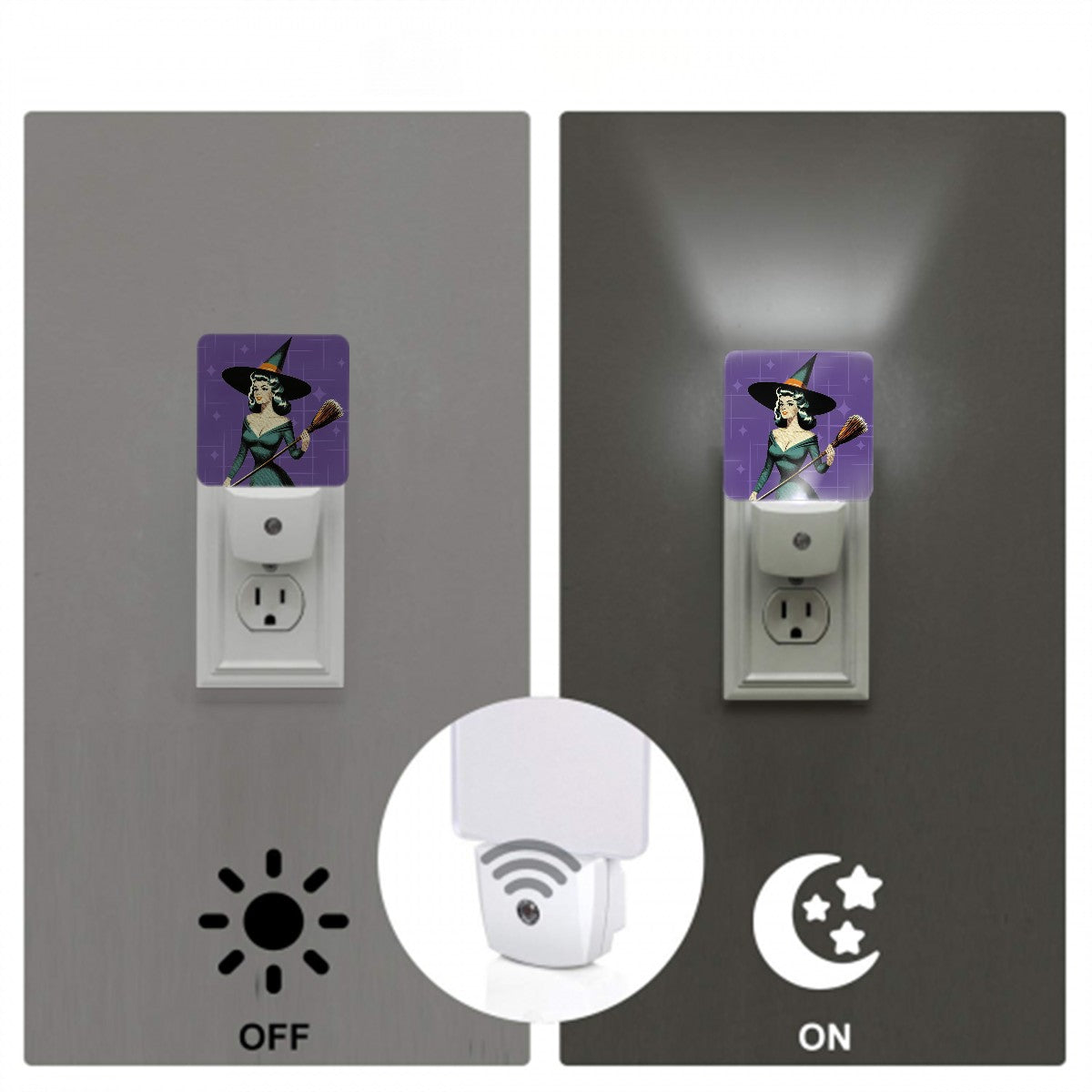 Mid Century Modern Vintage Pin Up Witch Purple Teal Halloween LED Night Light Set of 2 - Mid Century Modern Gal
