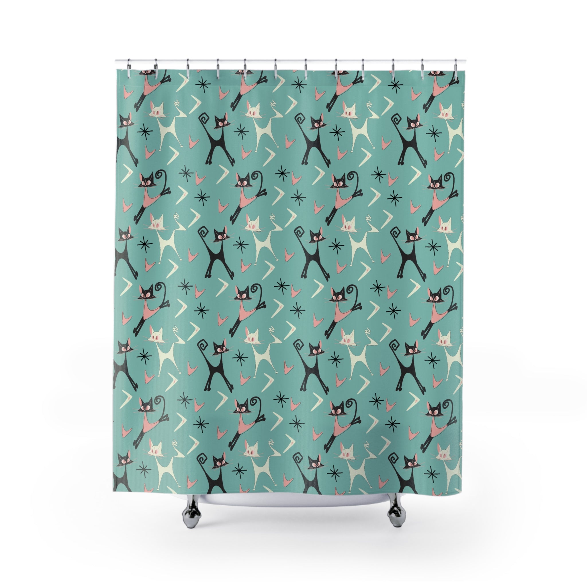 Atomic Cat Art Mid Century Modern Shower Curtain, Whimsical Quirky Cats, Boomerang, Aqua Pink, Kitschy 50s Curtain - Mid Century Modern Gal