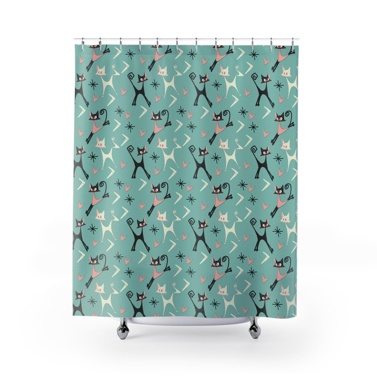 Atomic Cat Art Mid Century Modern Shower Curtain, Whimsical Quirky Cats, Boomerang, Aqua Pink, Kitschy 50s Curtain - Mid Century Modern Gal