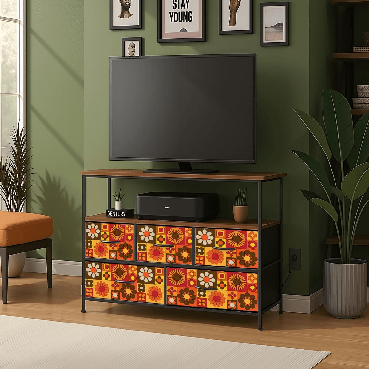 Retro 70s Mod Floral Orange Brown Yellow Mid Mod Hip TV Stand Media Console - Mid Century Modern Gal