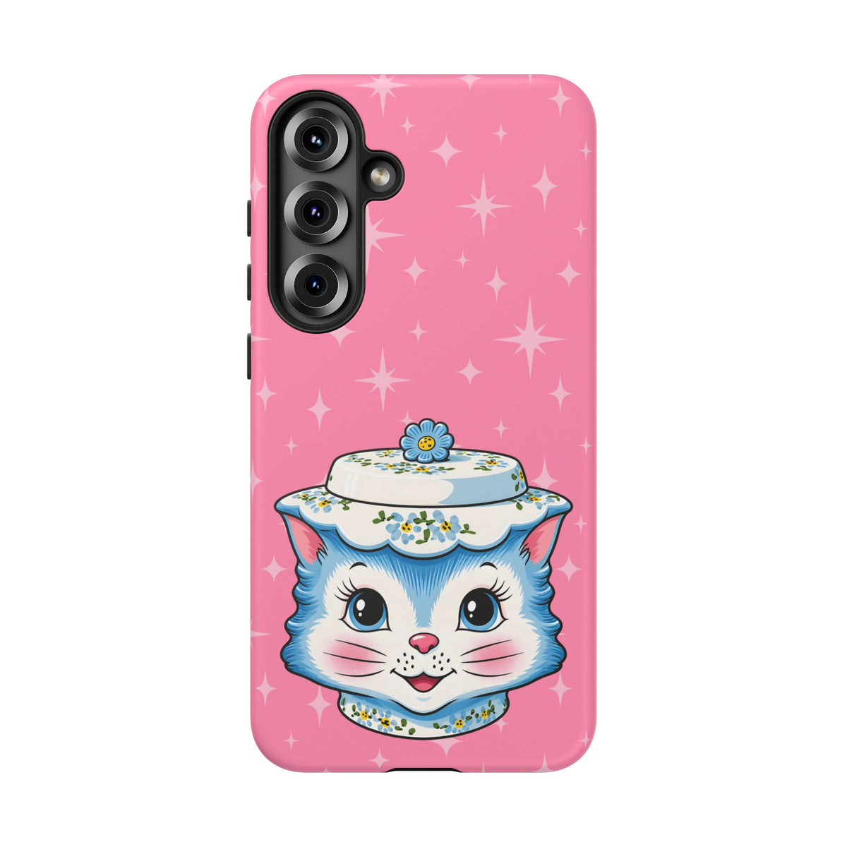 Mid Century Modern Kitschy Anthropomorphic Blue Cat with Floral Hat Tough Phone Case
