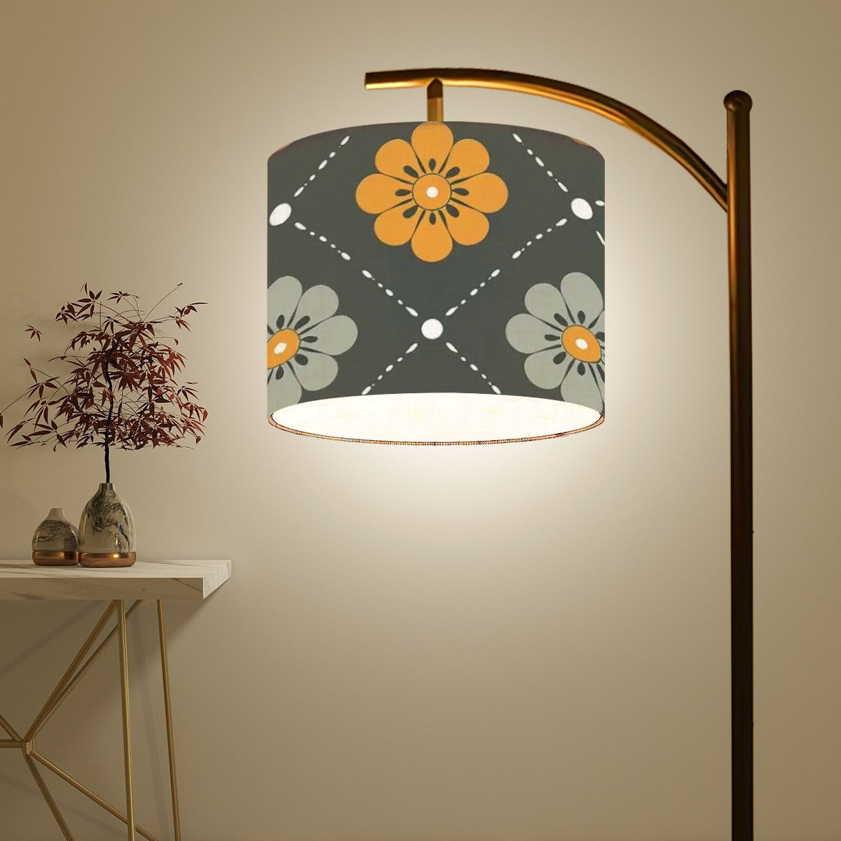 Scandinavian Floral, Mustard Yellow, Gray Mid Century Modern Arc Floor Lamp - Mid Century Modern Gal