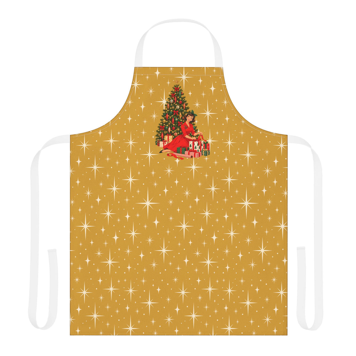 Mid Century Modern Christmas Glamour Gal Wrapping Presents by Tree, Gold Atomic Starbursts Apron