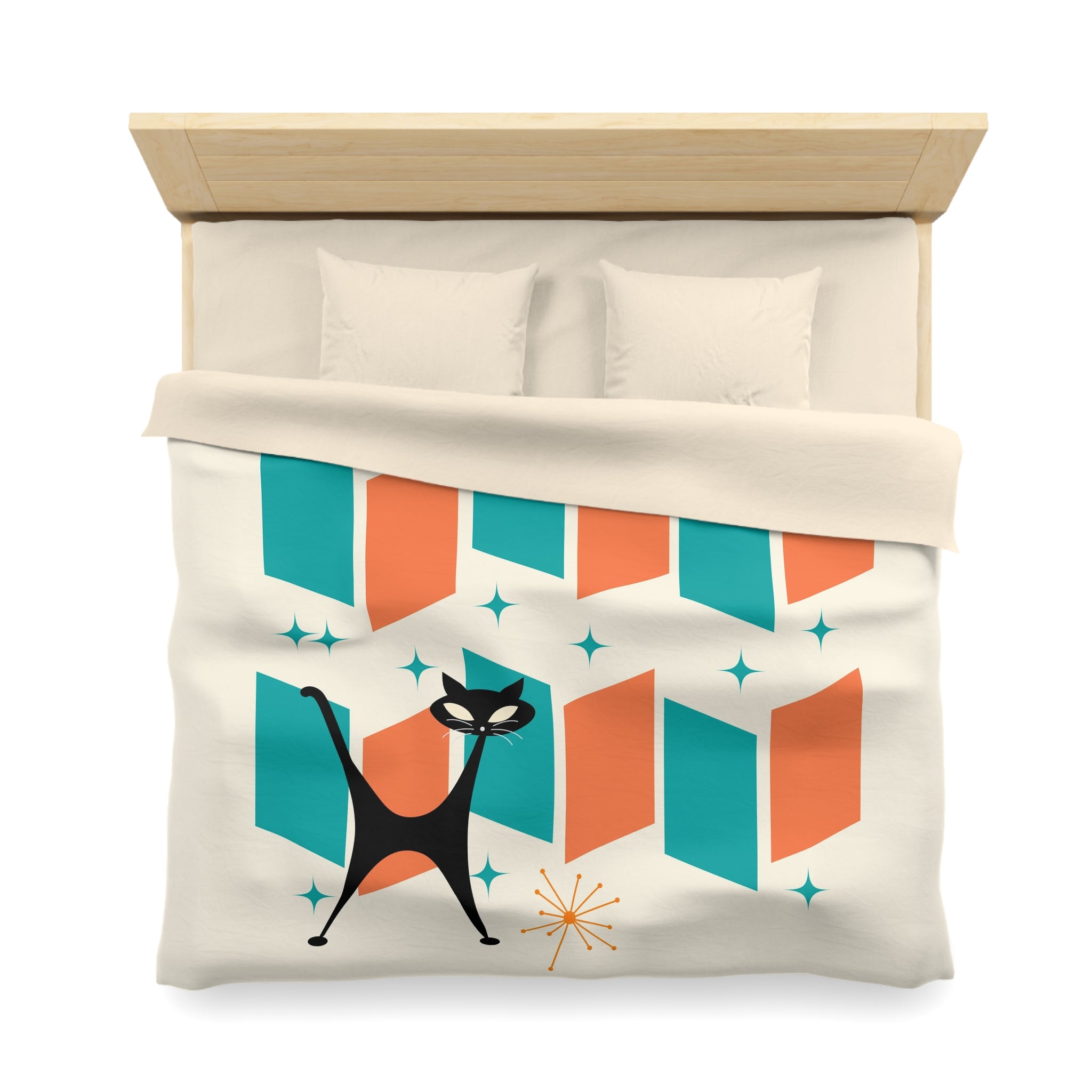 Mid Century Modern Orange, Teal, Retro Mod Duvet Cover With Atomic Cat Design - Mid Century Modern Gal