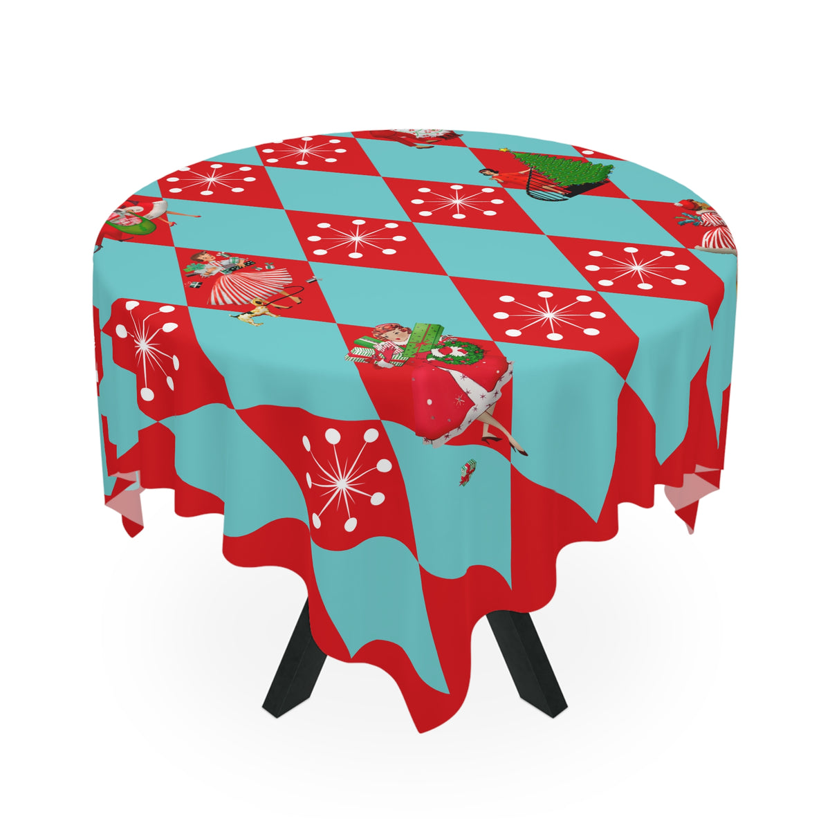 Christmas Tablecloth, Holiday Red, Aqua Harlequin Diamond 50s Gals Kitschy Christmas Table Decor - Mid Century Modern Gal