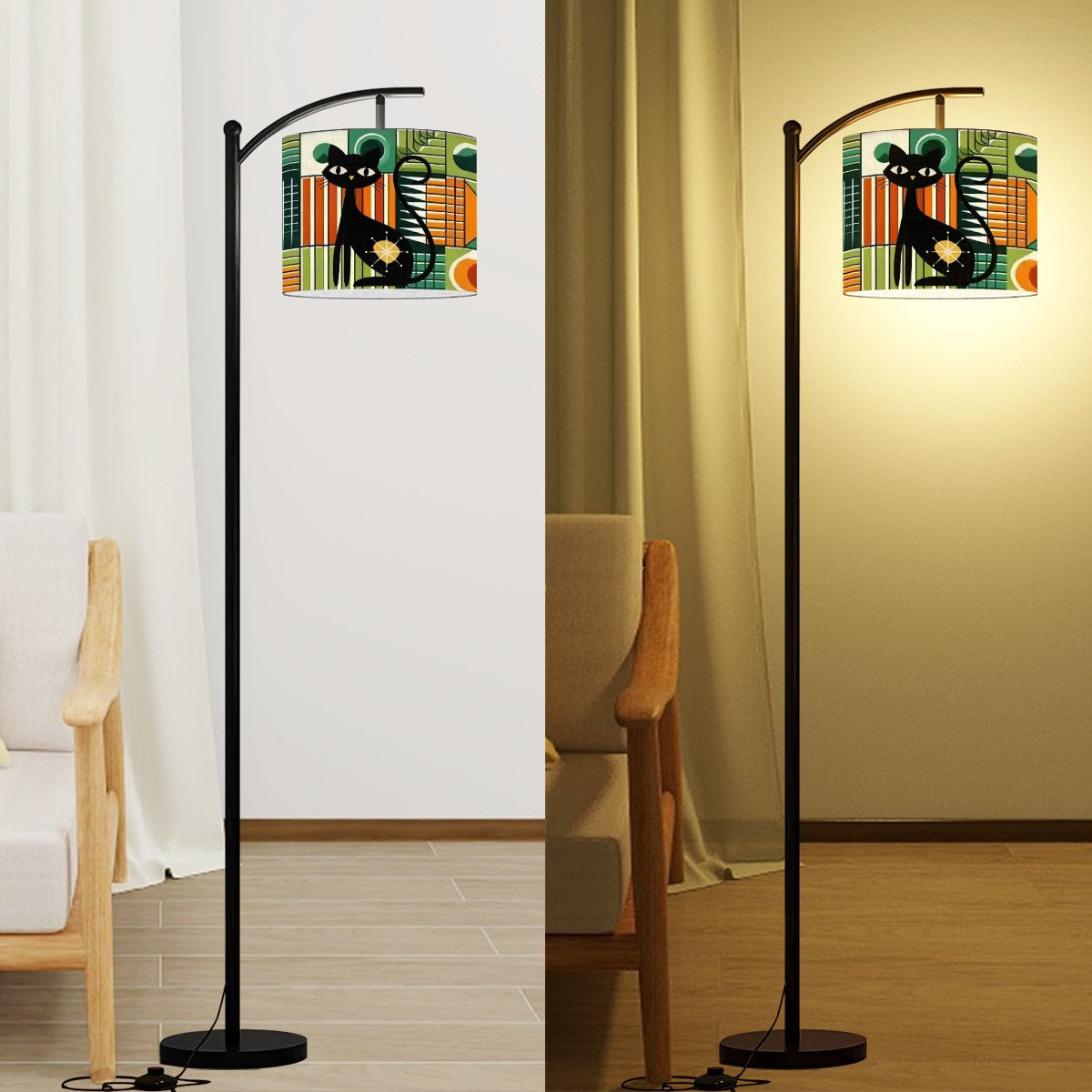 Atomic Cat Mid Century Modern Arc Floor Lamp, Geometric Green, Orange Mid Mod Lighting - Mid Century Modern Gal