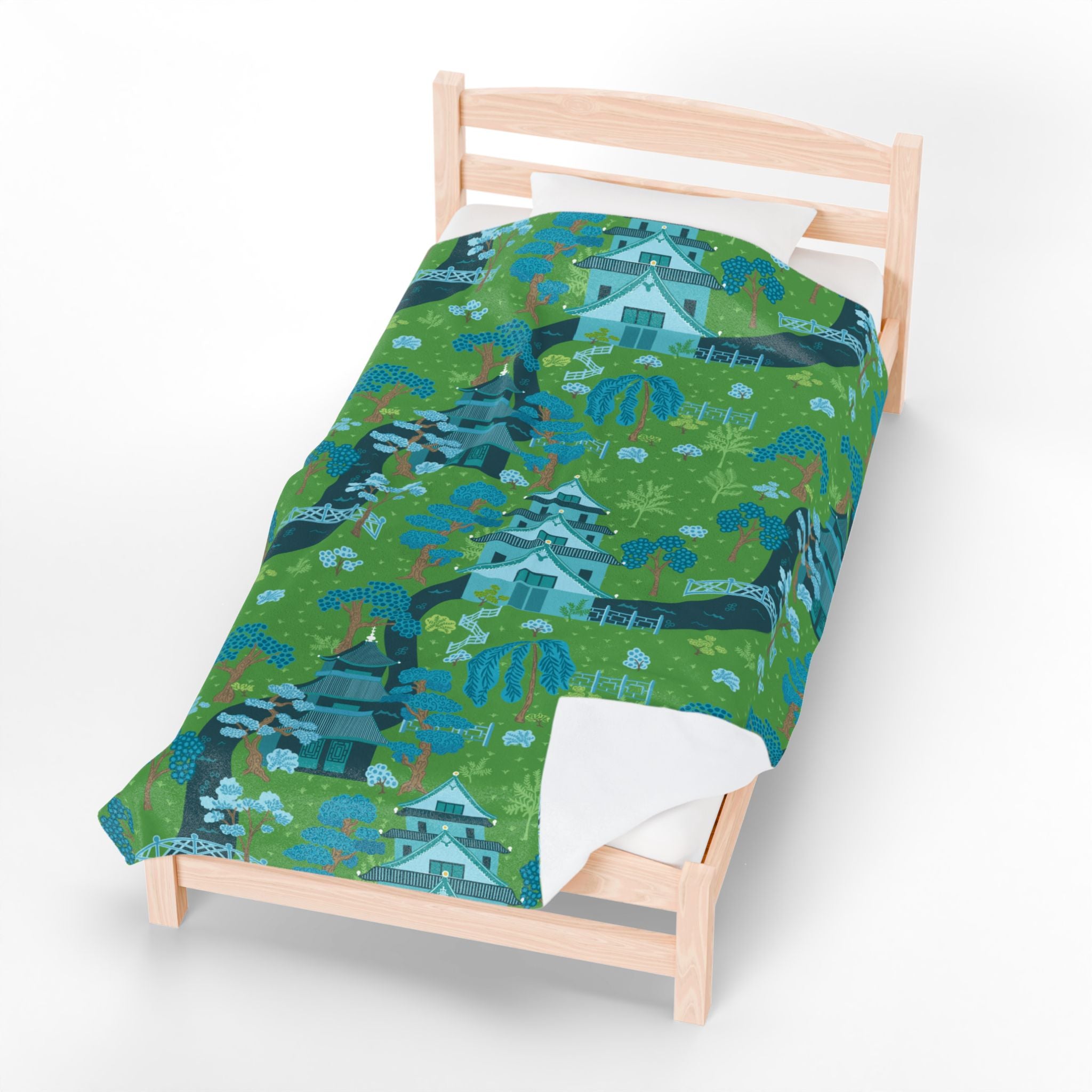 Chinoiserie Throw Blanket, Green, Blue Serene Garden Velveteen Plush Blanket - Cozy Floral Design - Mid Century Modern Gal