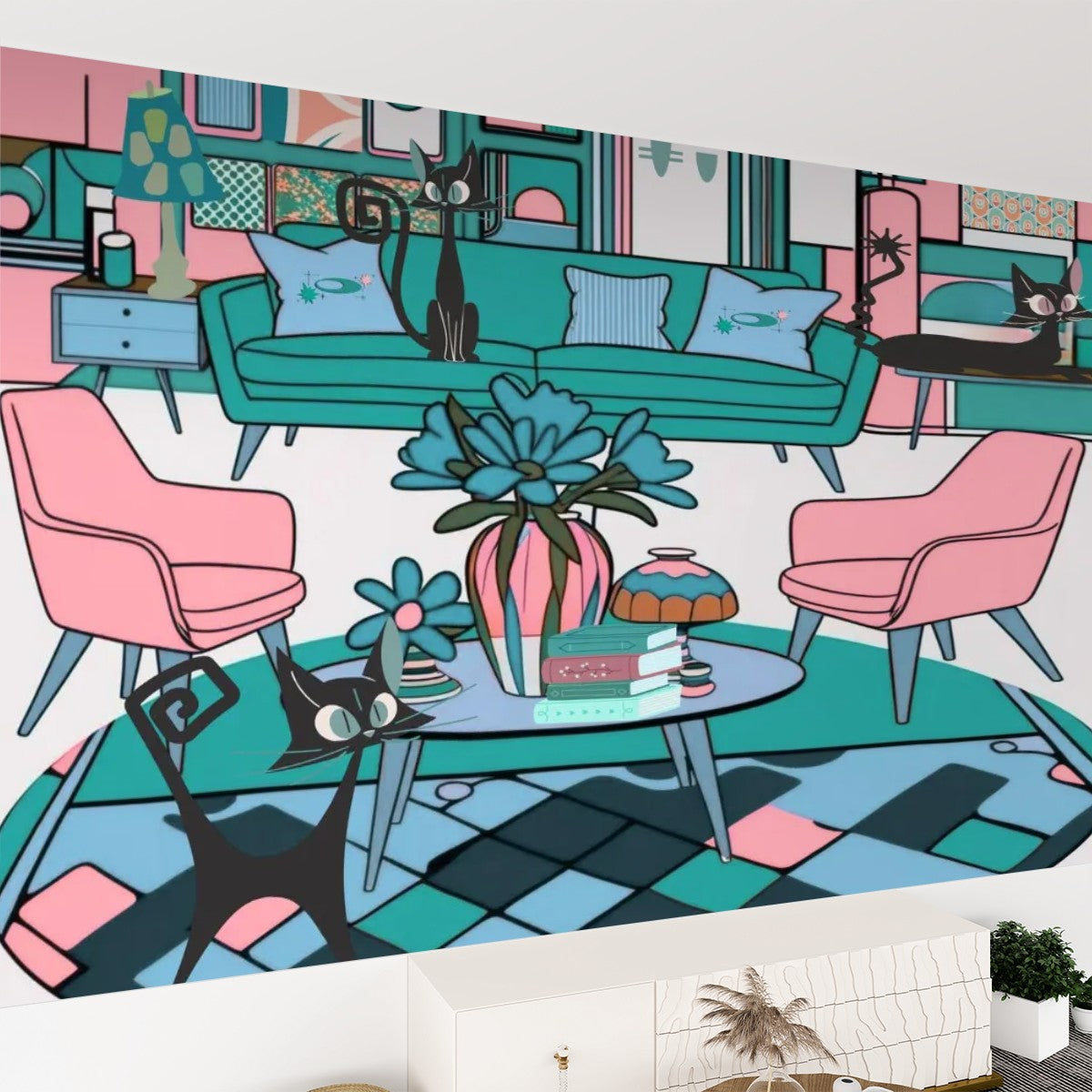 Atomic Cat Lounge Mid Century Modern Pink Teal Kitschy Mod Canvas Self Adhesive Wallpaper - Mid Century Modern Gal