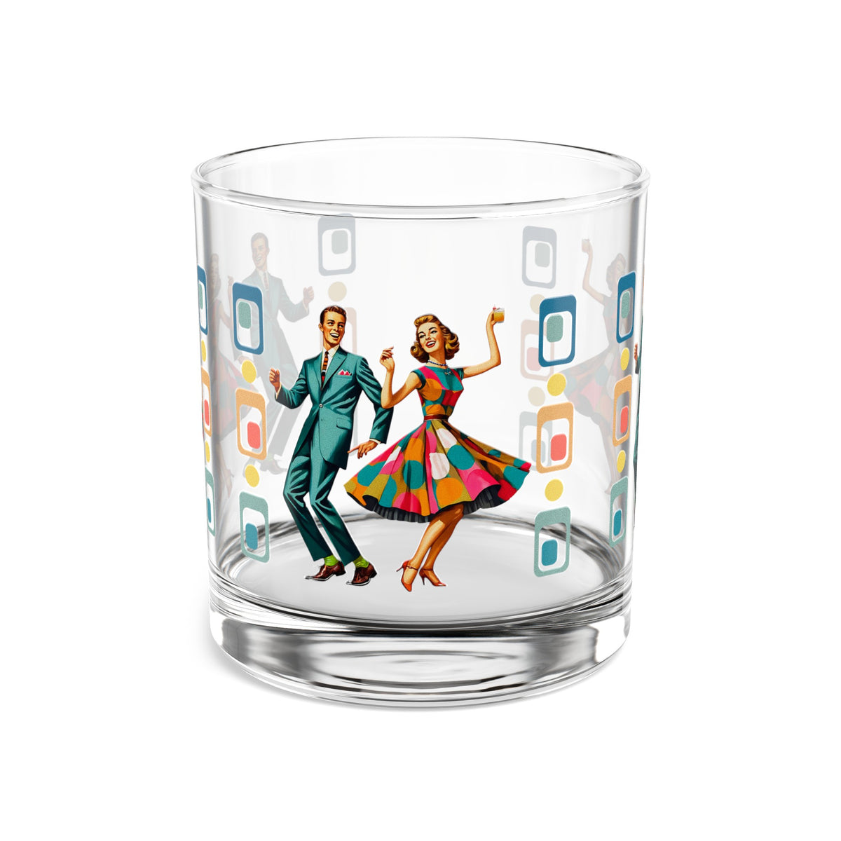 Mid Century Modern Couple, Kitschy Mod Barware Bourbon Rocks Glass, 10oz - Mid Century Modern Gal