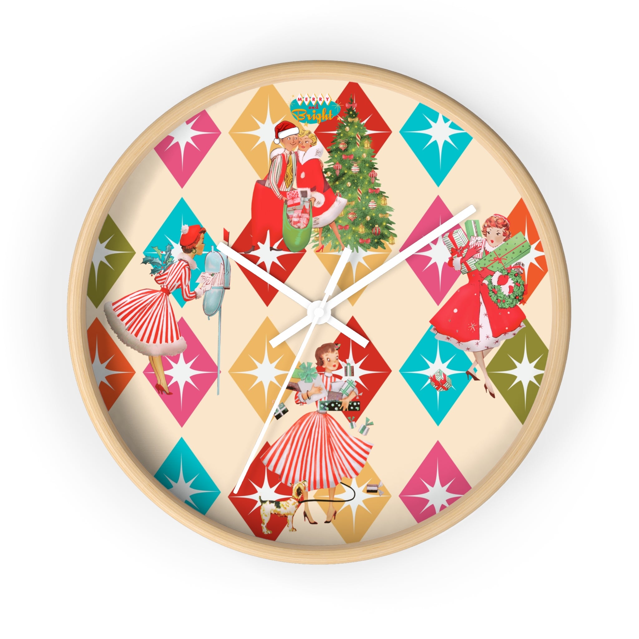 Holiday Retro Vintage Christmas Kitsch, Mid Century Modern Christmas Card Fun Kitschy 50s X-mas Wall Clock - Mid Century Modern Gal