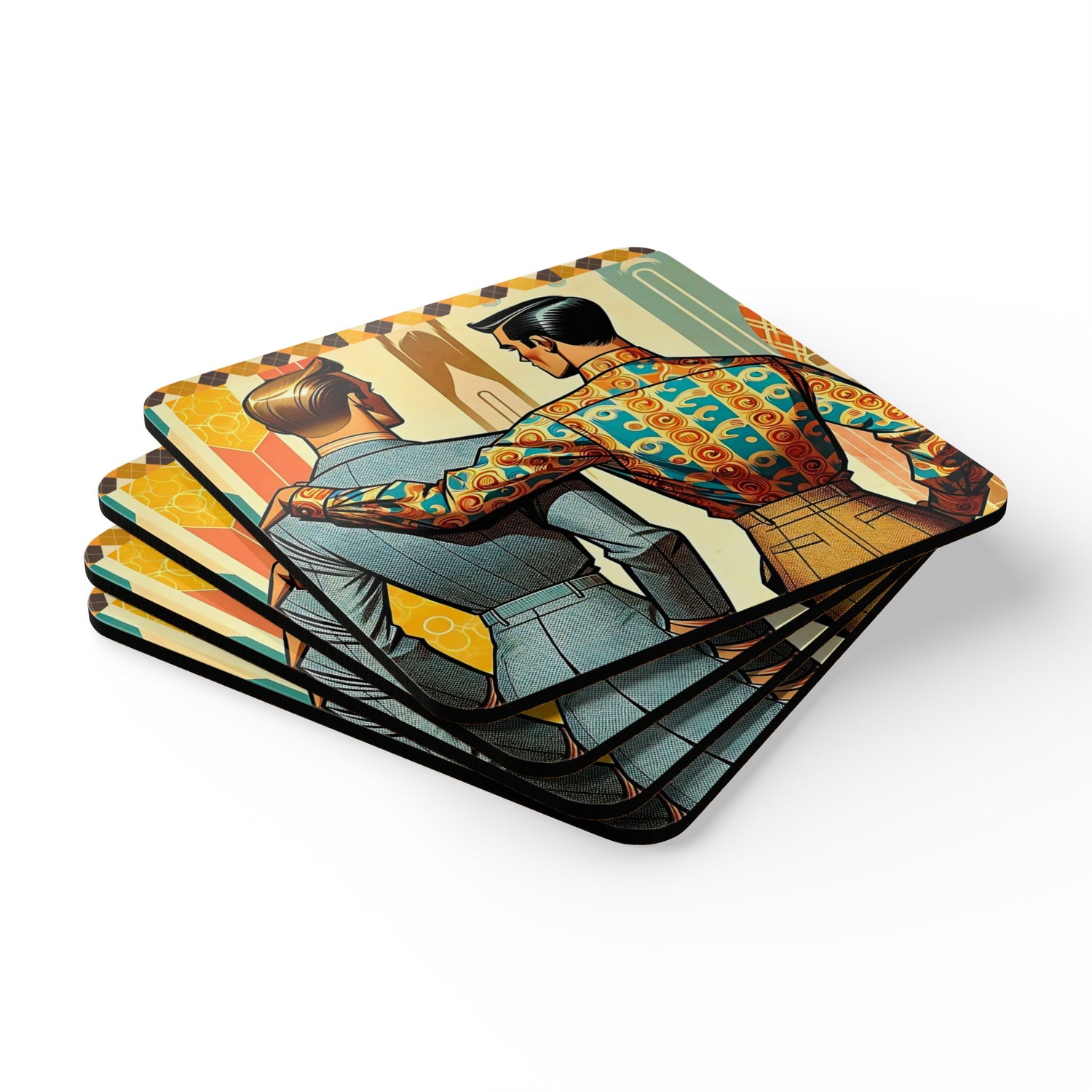 Mid Century Modern Tabletop Gentleman Gay Male Couple Kitschy Retro Corkwood Coaster Set - Mid Century Modern Gal