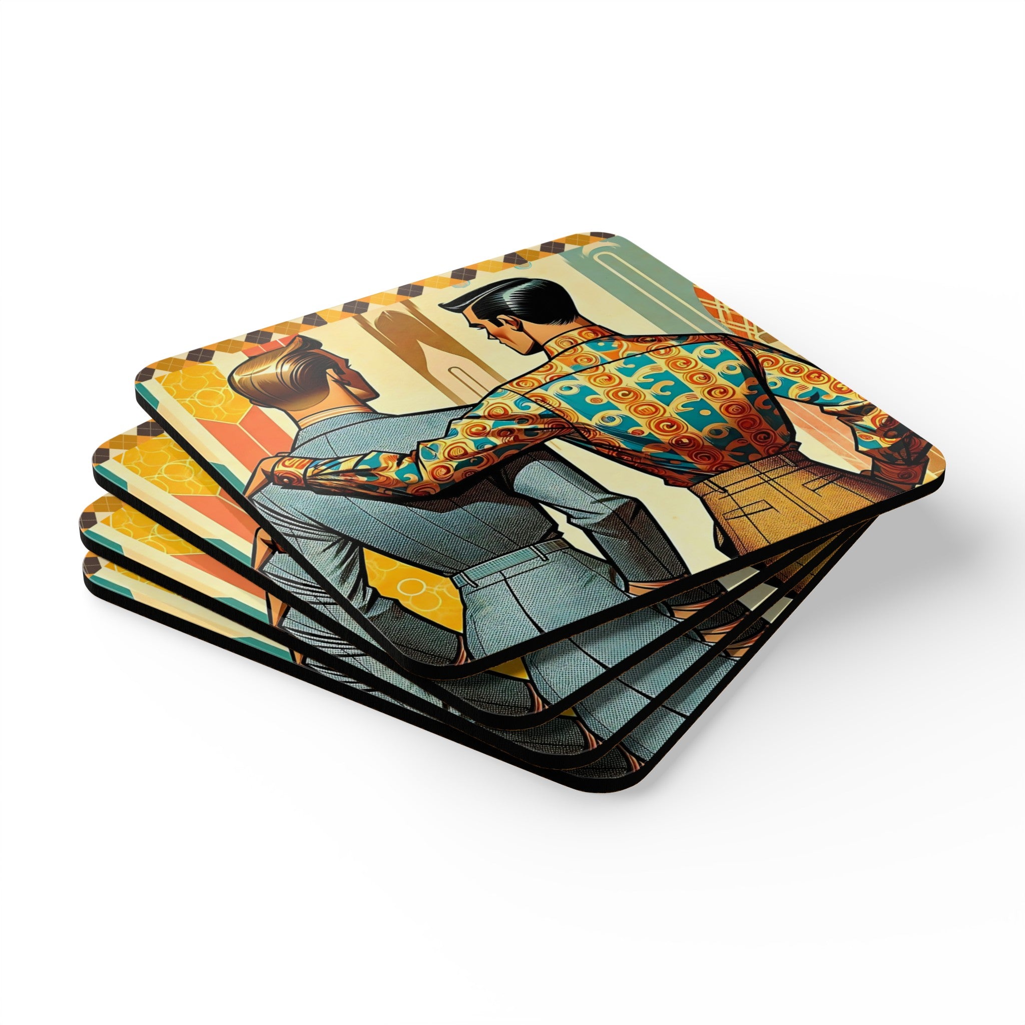 Mid Century Modern Tabletop Gentleman Gay Male Couple Kitschy Retro Corkwood Coaster Set - Mid Century Modern Gal