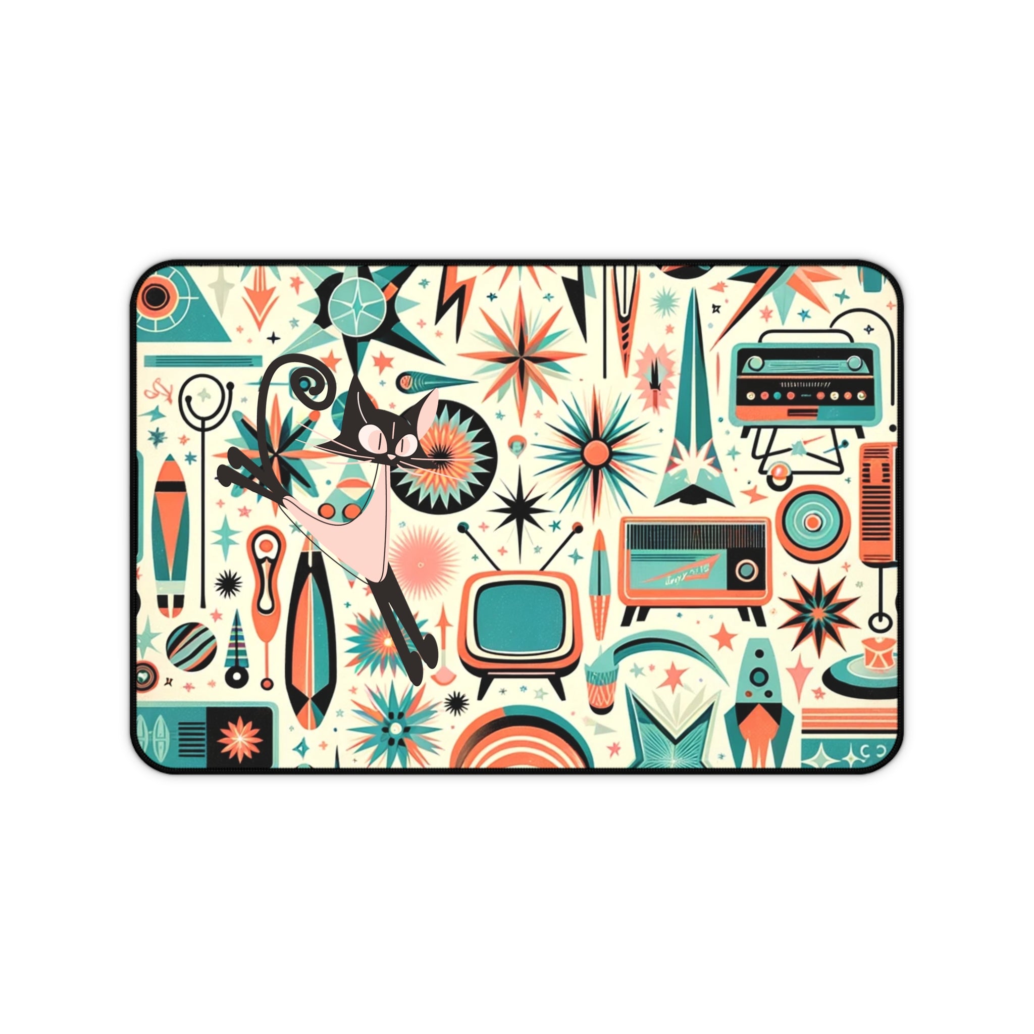 Atomic Space Cat Mid Century Modern Aqua Coral, Kitschy Desk Mat - Mid Century Modern Gal