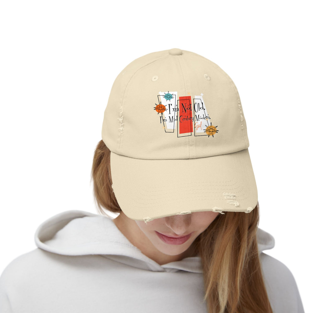 I'm Not Old, I'm Mid Century Modern ® Distressed Retro Mod Distressed Cap - Mid Century Modern Gal