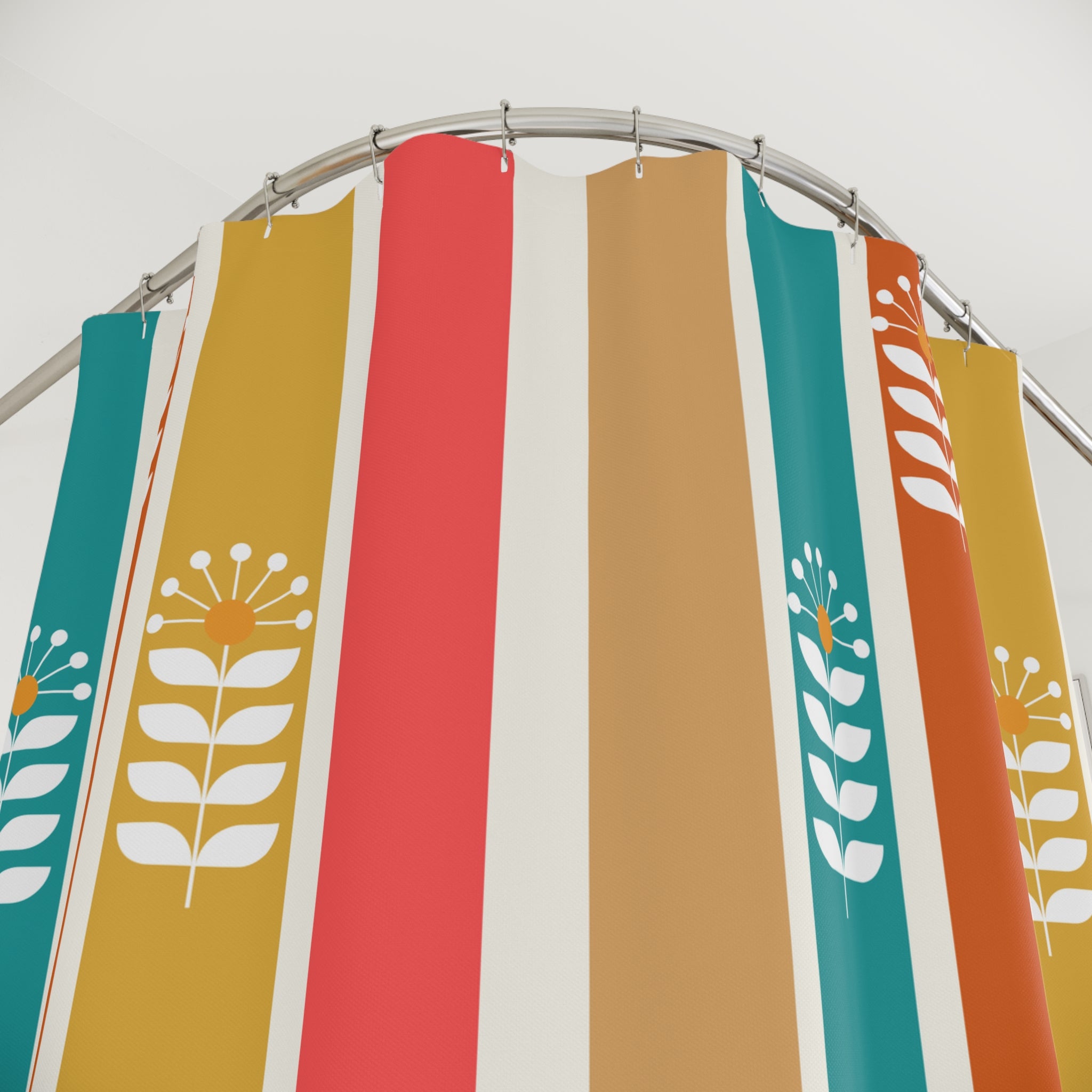 Retro Floral Scandinavian Mid Mod Boho Floral Shower Curtain - Colorful Striped Design for Vibrant Bathrooms - Mid Century Modern Gal