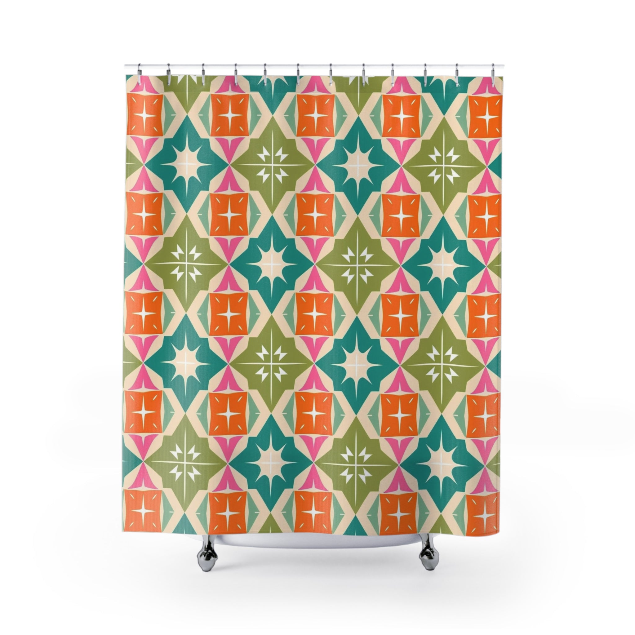 Mid Century Modern Atomic Diamond Starburst, Vibrant Geometric Shower Curtain - Colorful Modern Bathroom Decor - Mid Century Modern Gal