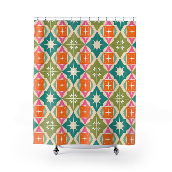 Mid Century Modern Atomic Diamond Starburst, Vibrant Geometric Shower Curtain - Colorful Modern Bathroom Decor
