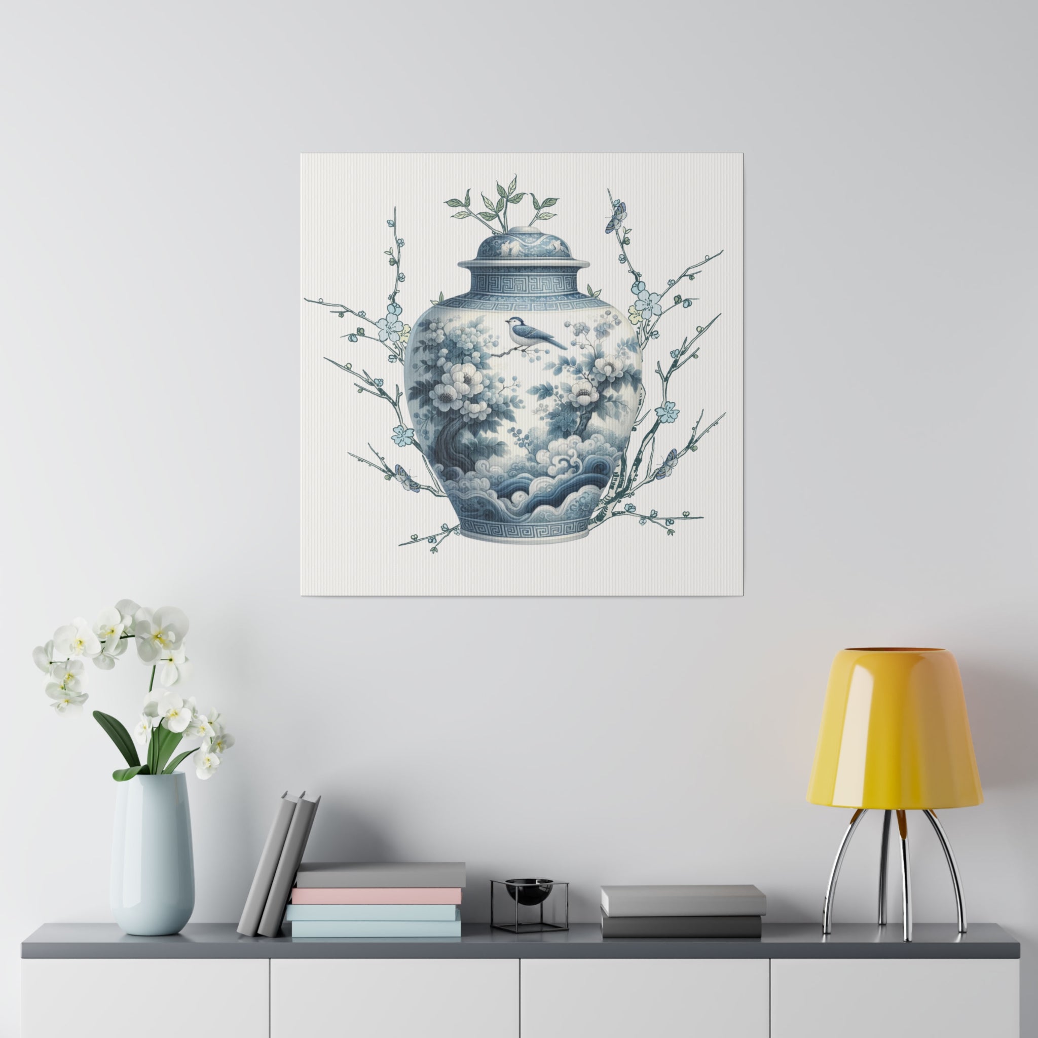 Chinoisiere Wall Art, Ginger Jar, Florals, Birds, Southern Elegance, Matte Canvas - Mid Century Modern Gal