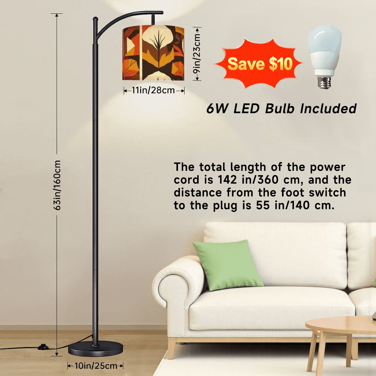 Mid Century Modern Scandinavian Leaves Harvest Gold Orange, Brown Arc Floor Lamp - Mid Century Modern Gal