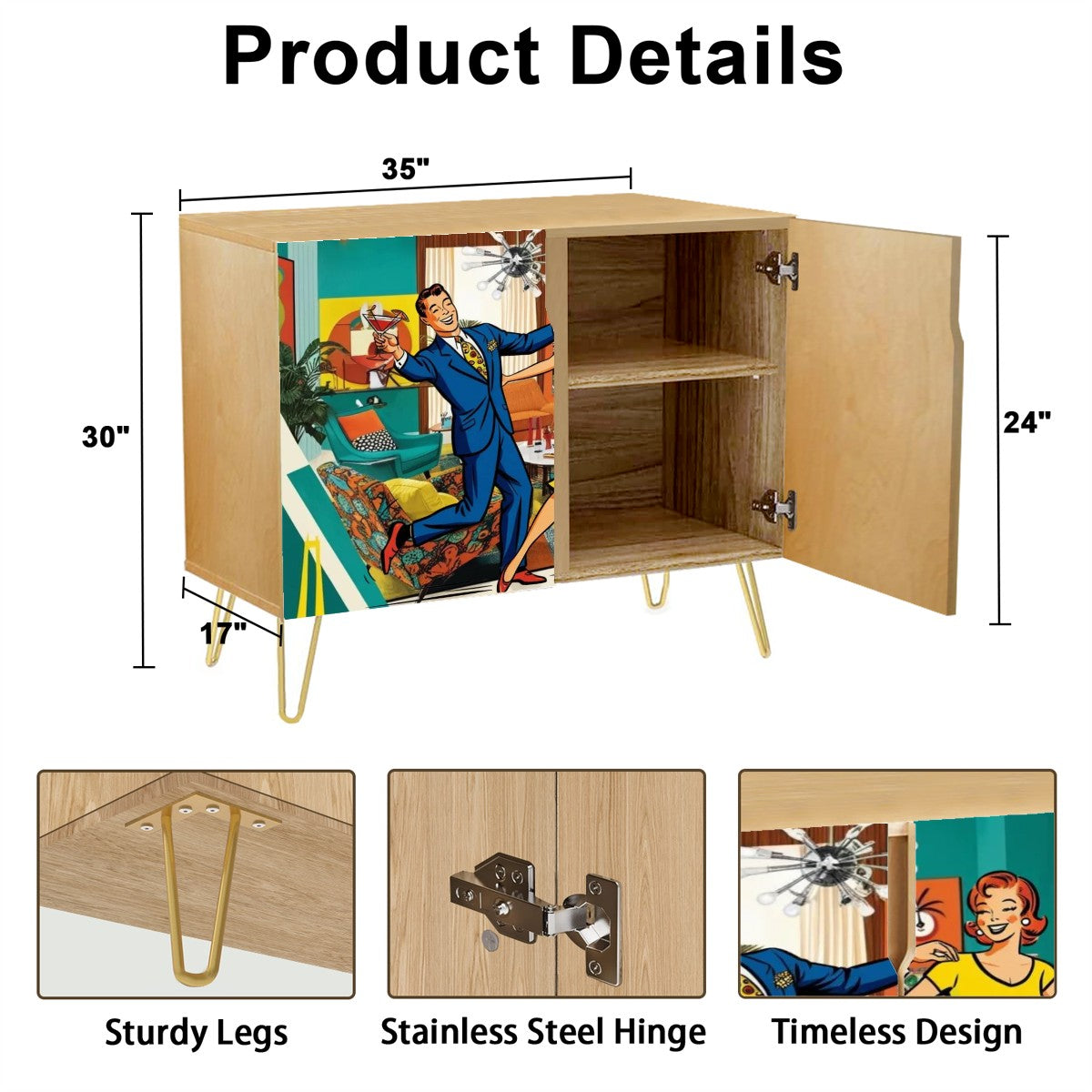 Mid Century Modern Bar Cabinet, Kitschy Quirky Mod Couple Cocktail Hour Wooden Storage Cabinet - Mid Century Modern Gal