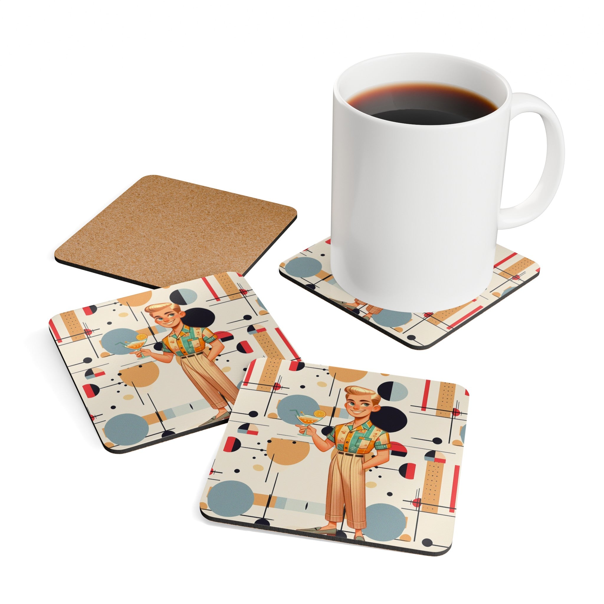Mid Century Modern Dude, Bauhaus Designed Mod Corkwood Coaster Set - Mid Century Modern Gal