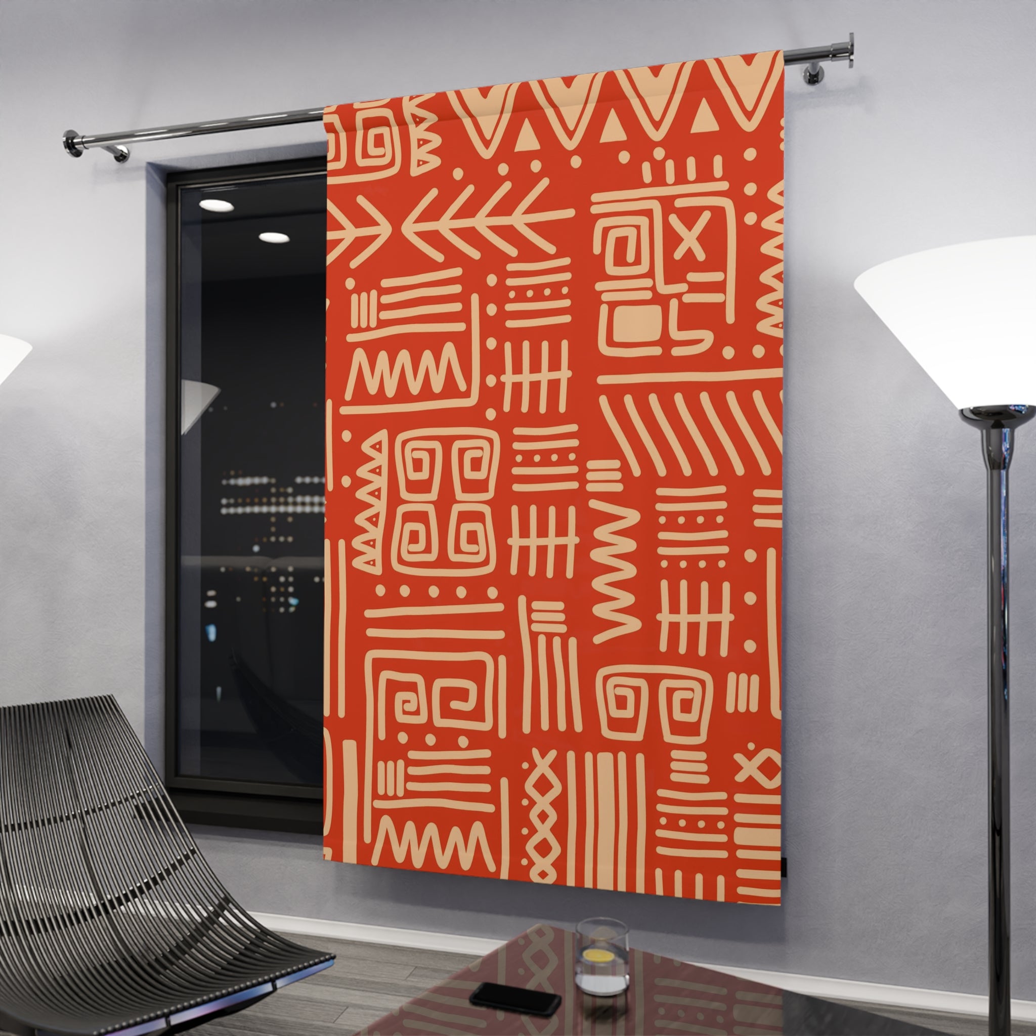 Retro Tiki Home Decor, Dark Orange, Beige, Abstract Art Design, Mid Mod Custom Window Curtains (1 Piece) - Mid Century Modern Gal