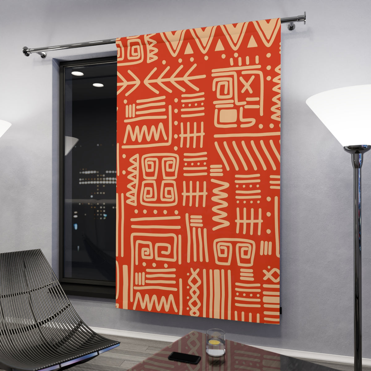 Retro Tiki Home Decor, Dark Orange, Beige, Abstract Art Design, Mid Mod Custom Window Curtains (1 Piece) - Mid Century Modern Gal