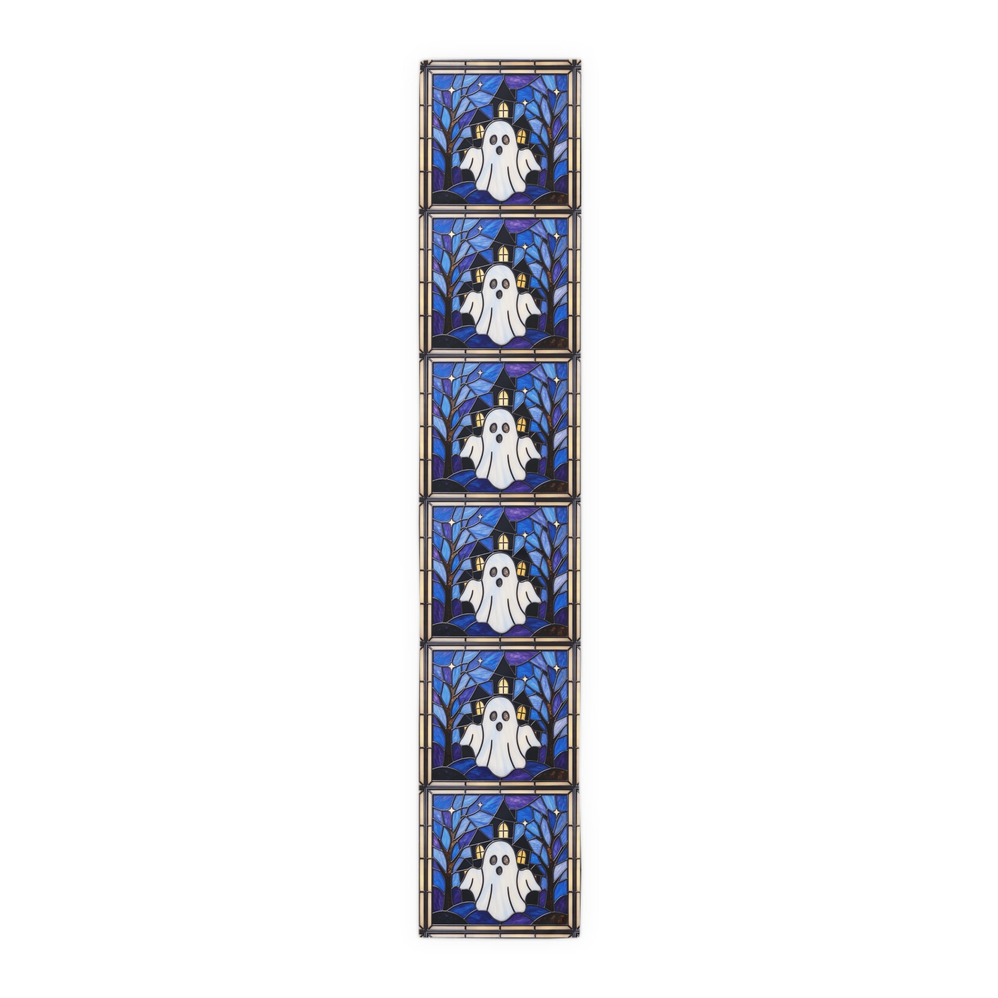 Halloween Stained Glass Style Ghost Haunted House Table Runner